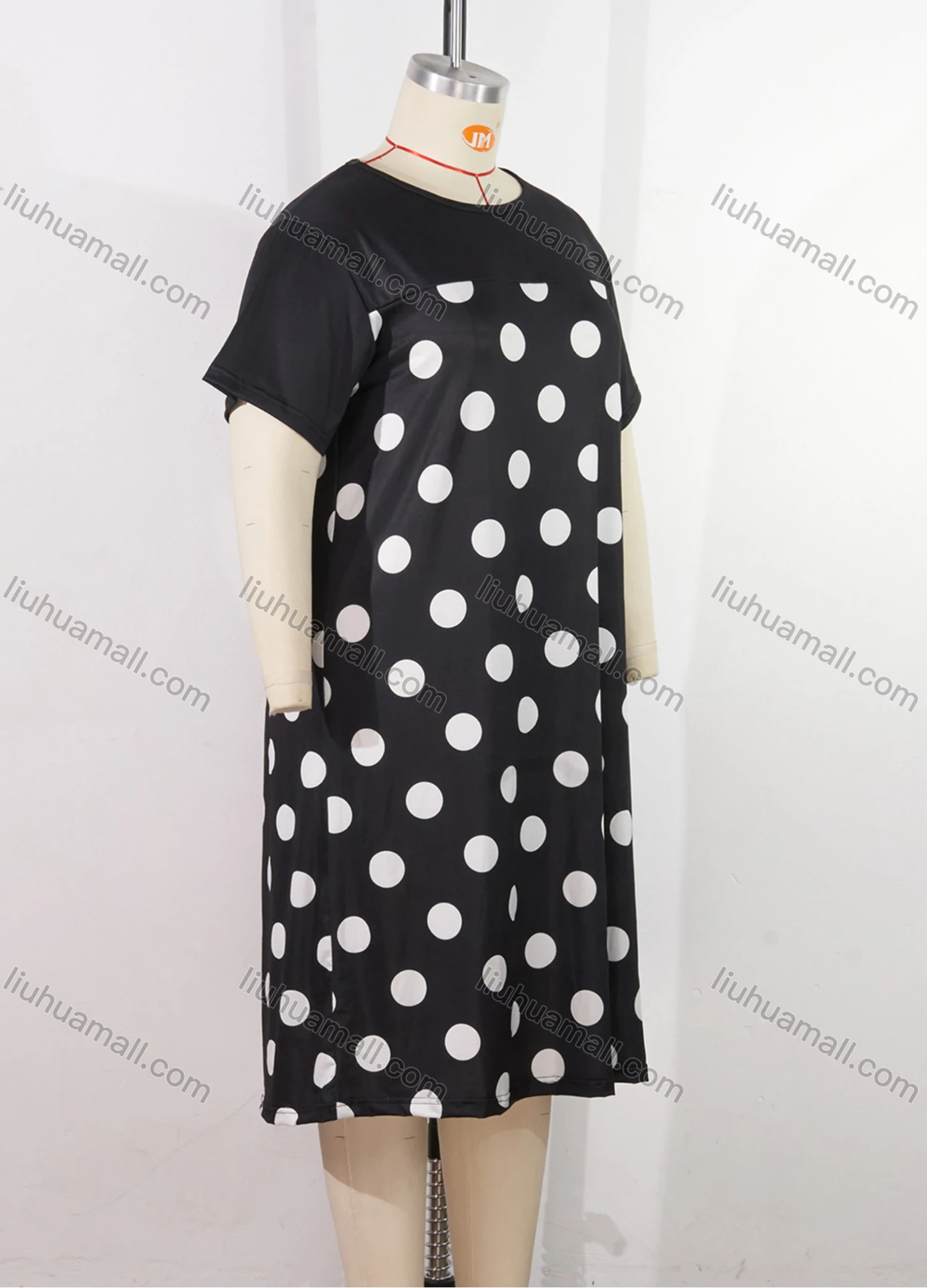 Wholesale Women's Milk Silk Polka Dot Print Short Sleeve Crew Neck Lounge Midi Nightdress DM1317-03# - Liuhuamall