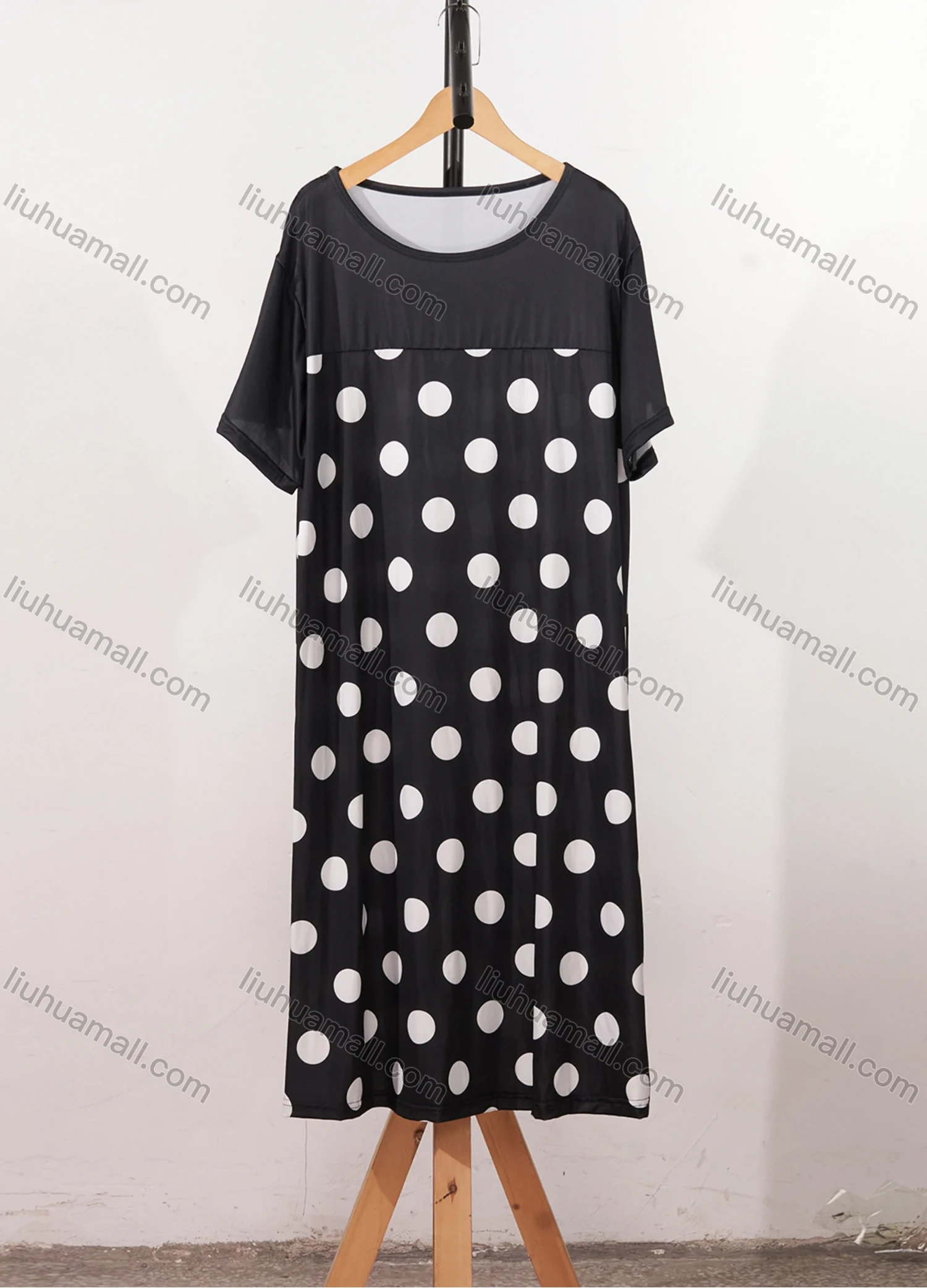 Wholesale Women's Milk Silk Polka Dot Print Short Sleeve Crew Neck Lounge Midi Nightdress DM1317-03# - Liuhuamall