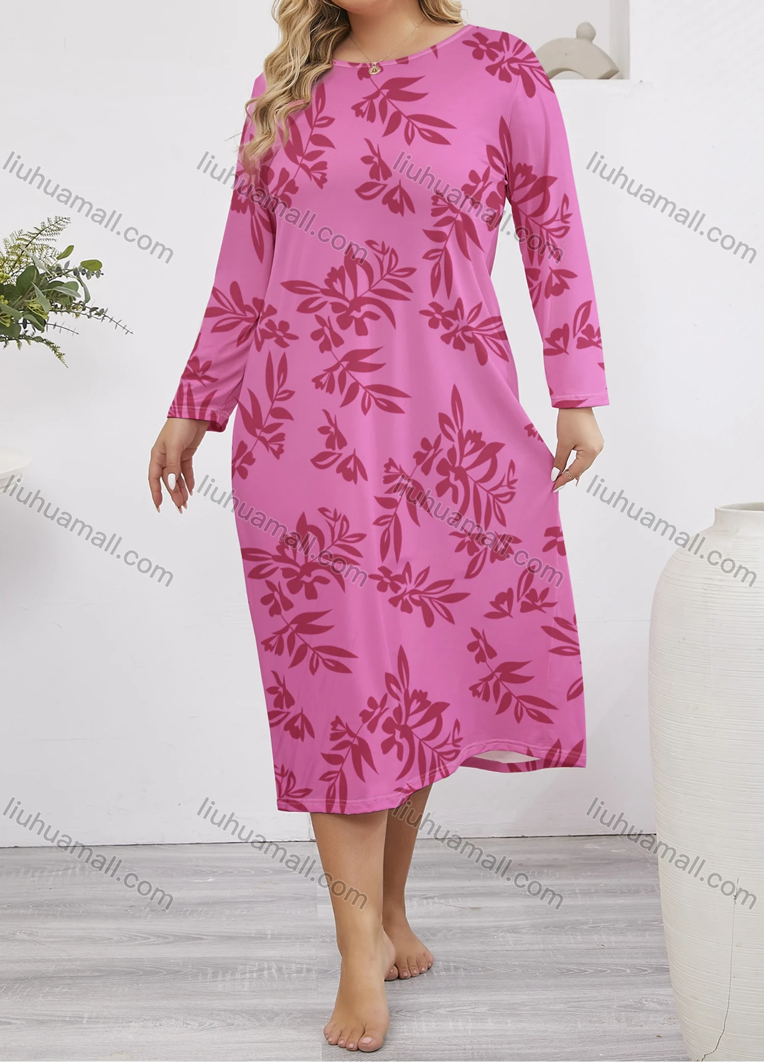 Wholesale Women's Milk Silk Leaf Print Long Sleeve Crew Neck Lounge Midi Nightdress DM1401-02# - Liuhuamall