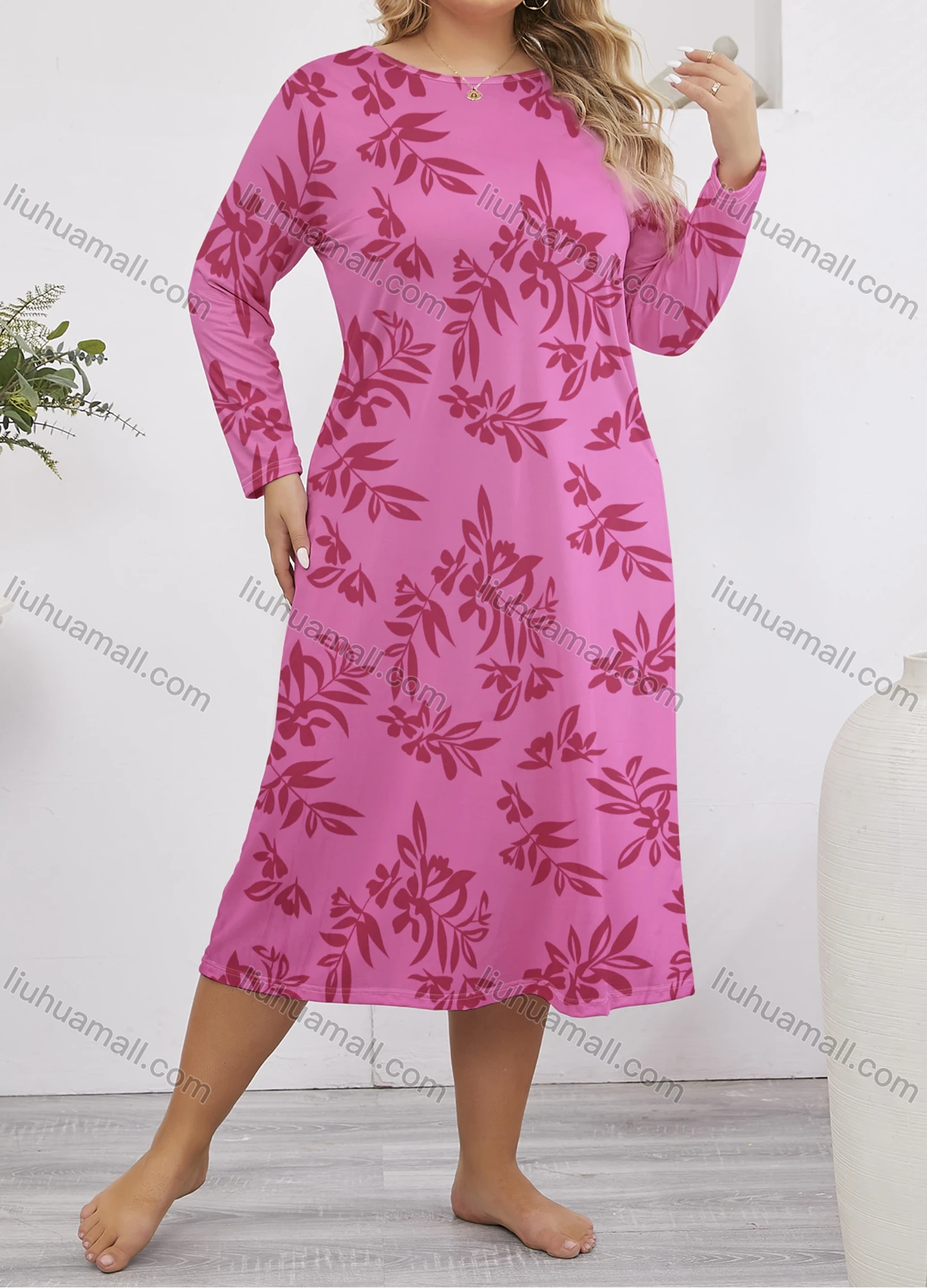Wholesale Women's Milk Silk Leaf Print Long Sleeve Crew Neck Lounge Midi Nightdress DM1401-02# - Liuhuamall