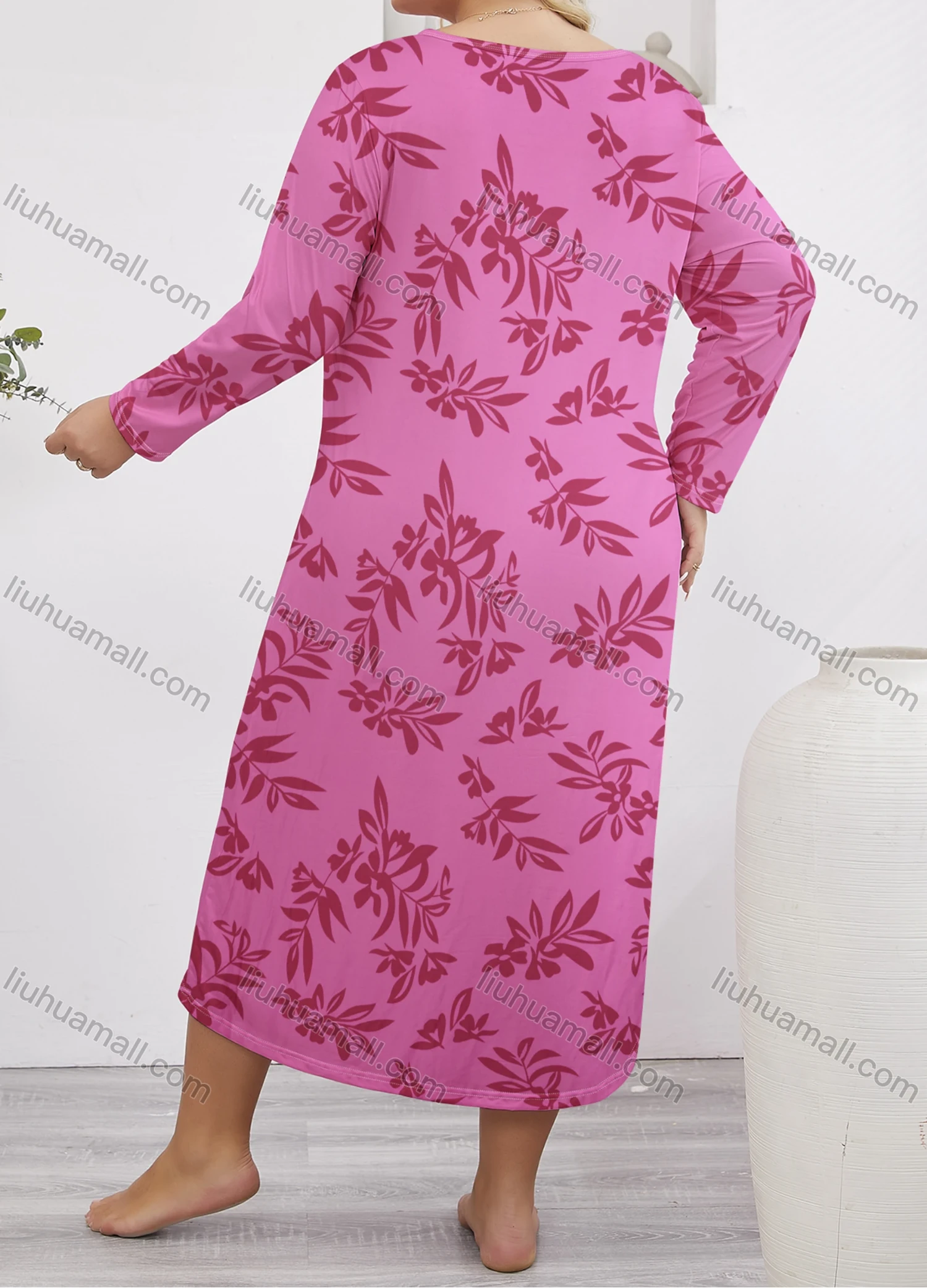 Wholesale Women's Milk Silk Leaf Print Long Sleeve Crew Neck Lounge Midi Nightdress DM1401-02# - Liuhuamall