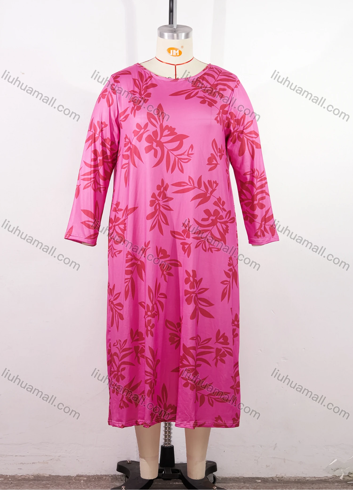 Wholesale Women's Milk Silk Leaf Print Long Sleeve Crew Neck Lounge Midi Nightdress DM1401-02# - Liuhuamall