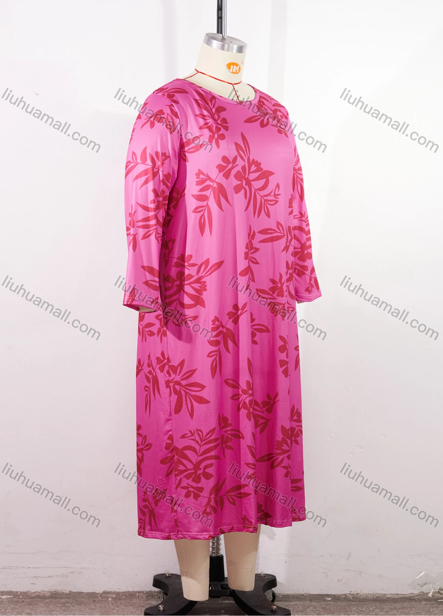 Wholesale Women's Milk Silk Leaf Print Long Sleeve Crew Neck Lounge Midi Nightdress DM1401-02# - Liuhuamall