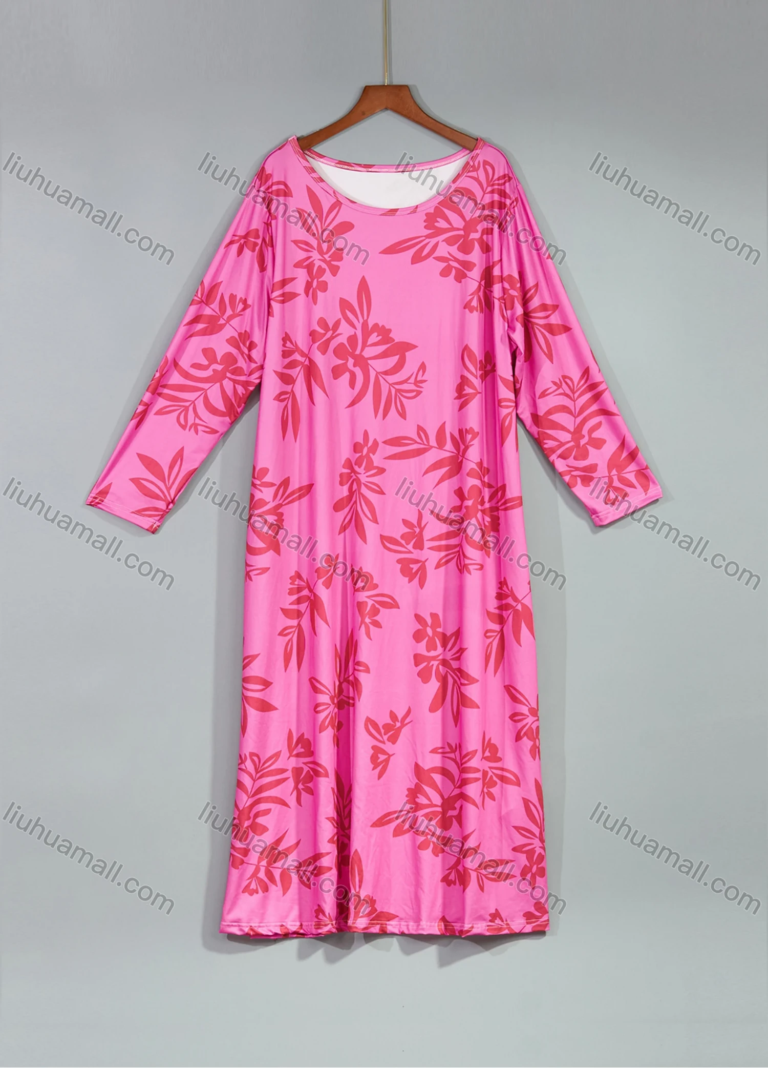 Wholesale Women's Milk Silk Leaf Print Long Sleeve Crew Neck Lounge Midi Nightdress DM1401-02# - Liuhuamall