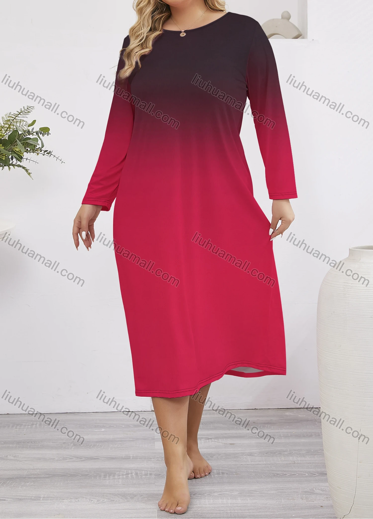 Wholesale Women's Milk Silk Gradient Long Sleeve Crew Neck Lounge Midi Nightdress DM1401-03# - Liuhuamall