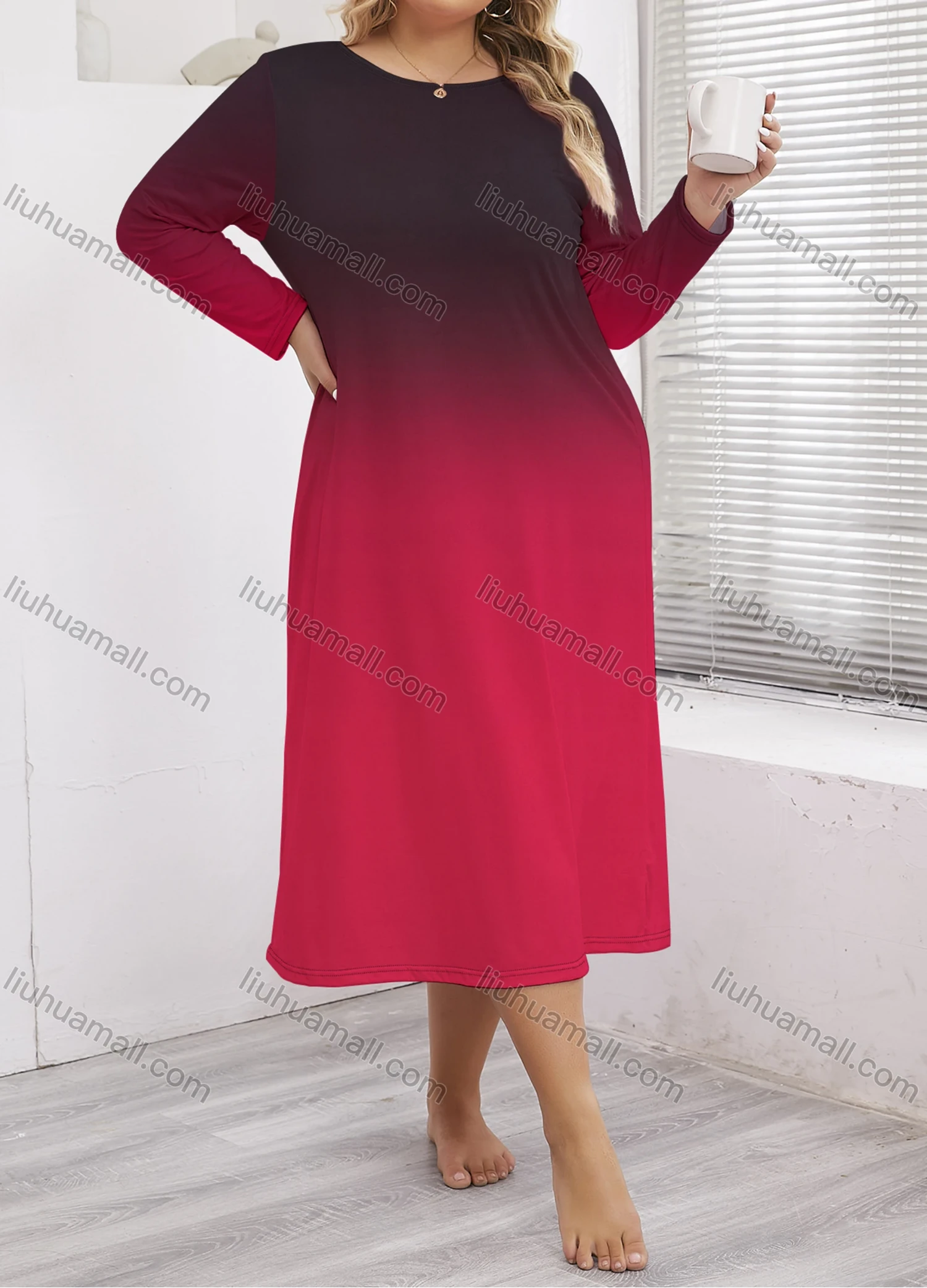 Wholesale Women's Milk Silk Gradient Long Sleeve Crew Neck Lounge Midi Nightdress DM1401-03# - Liuhuamall