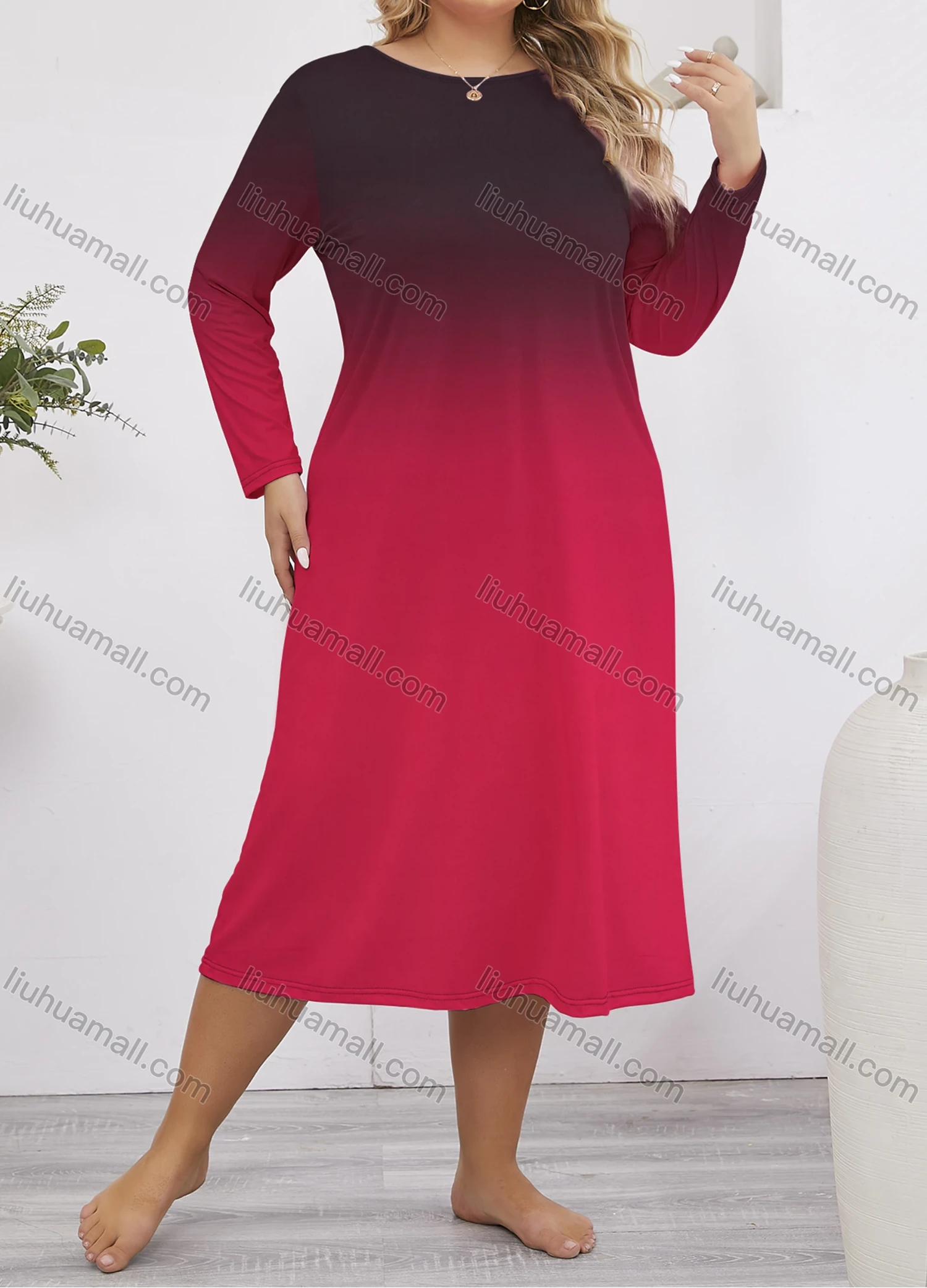 Wholesale Women's Milk Silk Gradient Long Sleeve Crew Neck Lounge Midi Nightdress DM1401-03# - Liuhuamall