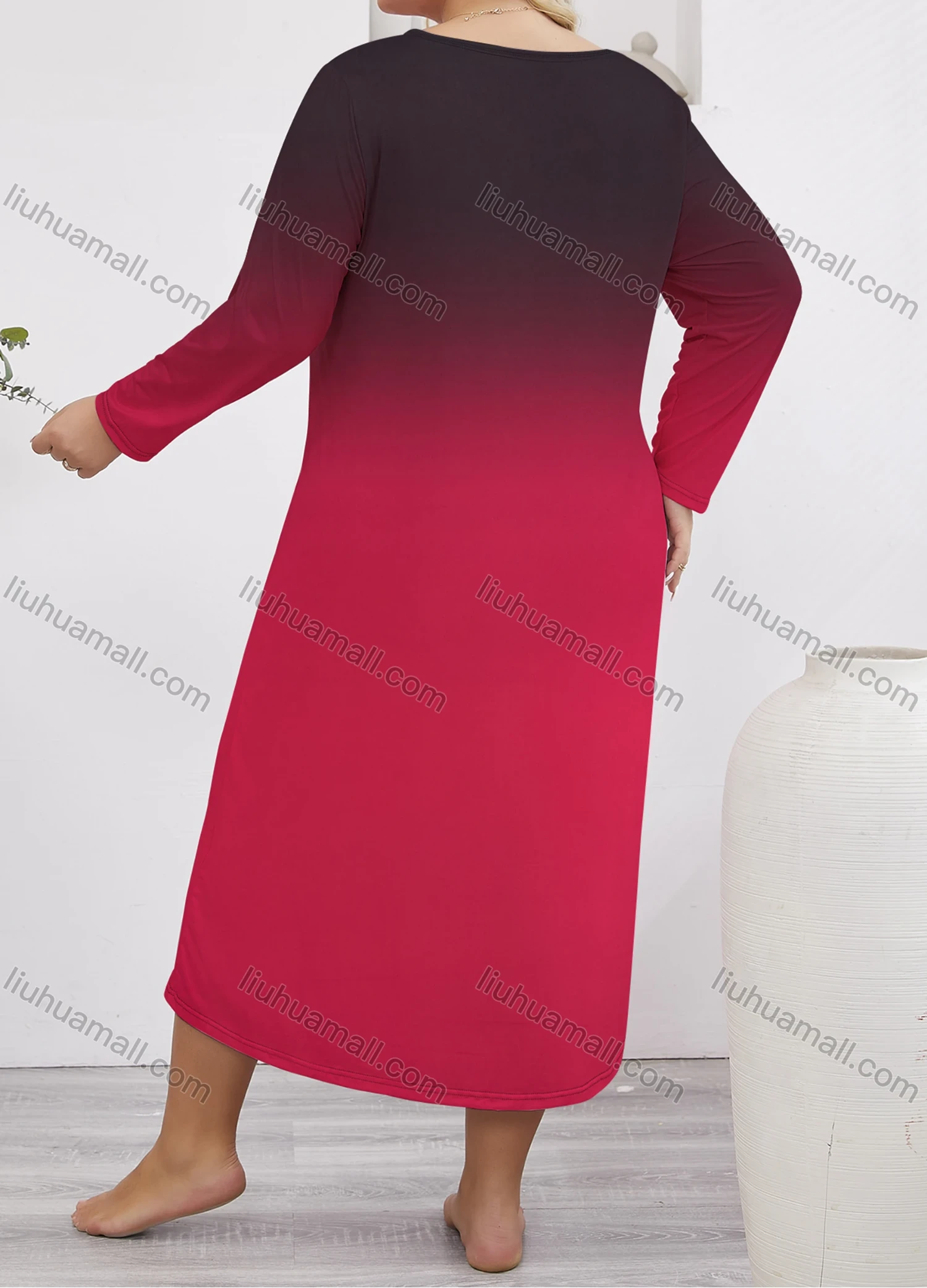 Wholesale Women's Milk Silk Gradient Long Sleeve Crew Neck Lounge Midi Nightdress DM1401-03# - Liuhuamall