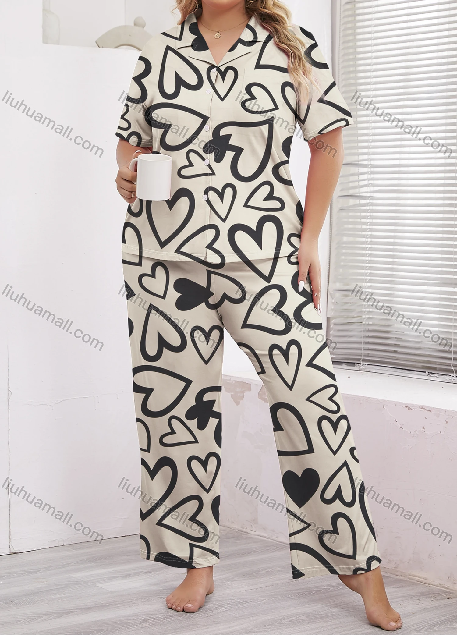 Wholesale Women's Lounge Lapel Milk Silk Heart Print Button Down Pocket Short Sleeve Pajamas 2 Piece Set DM2315-01# - Liuhuamall