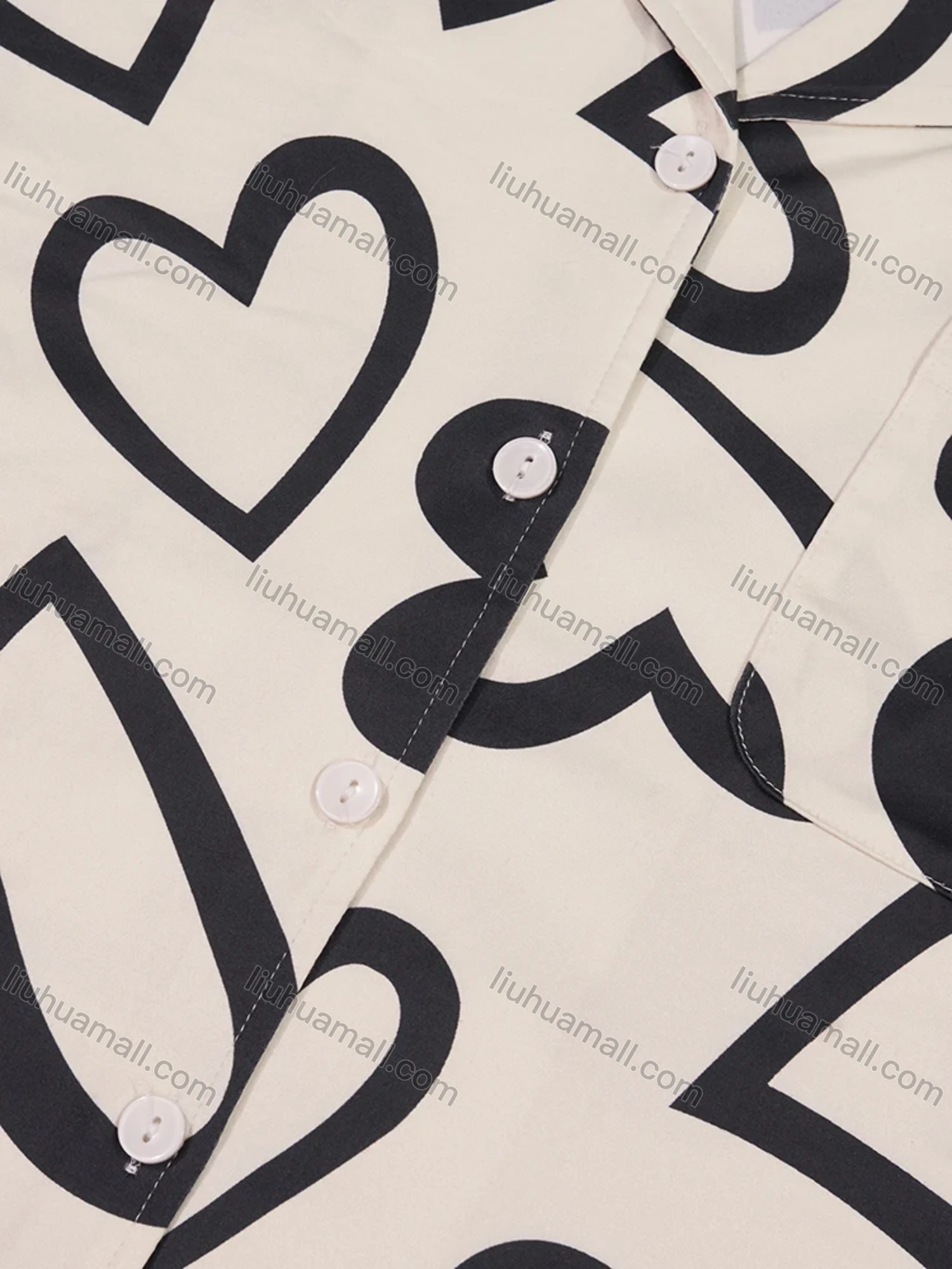 Wholesale Women's Lounge Lapel Milk Silk Heart Print Button Down Pocket Short Sleeve Pajamas 2 Piece Set DM2315-01# - Liuhuamall