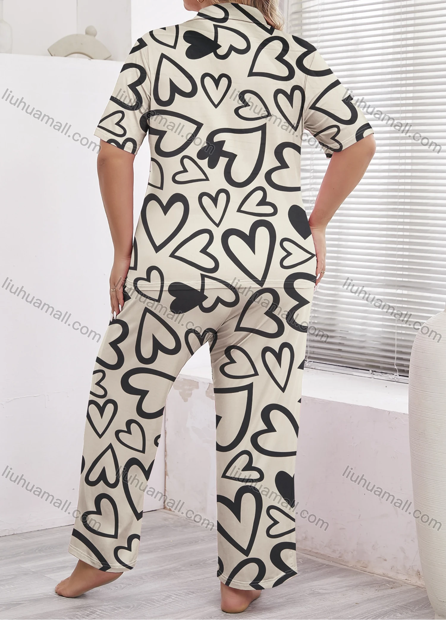 Wholesale Women's Lounge Lapel Milk Silk Heart Print Button Down Pocket Short Sleeve Pajamas 2 Piece Set DM2315-01# - Liuhuamall