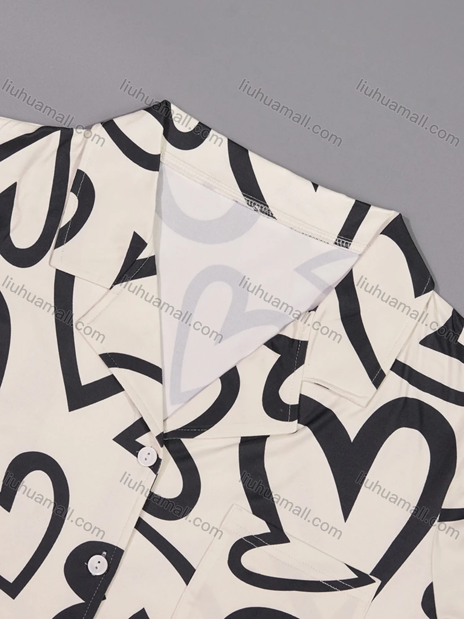 Wholesale Women's Lounge Lapel Milk Silk Heart Print Button Down Pocket Short Sleeve Pajamas 2 Piece Set DM2315-01# - Liuhuamall