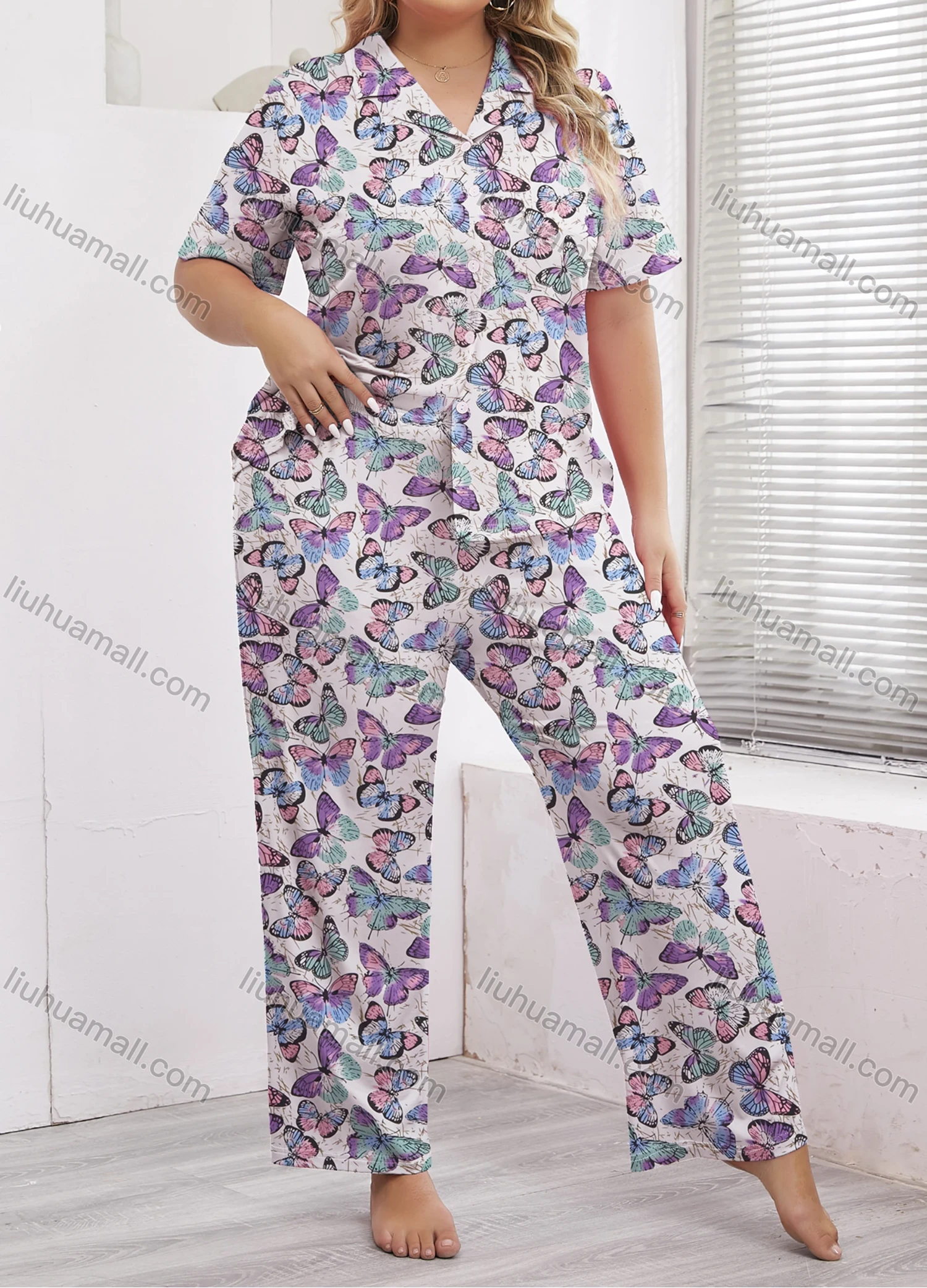 Wholesale Women's Lounge Lapel Milk Silk Butterfly Print Button Down Pocket Short Sleeve Pajamas 2 Piece Set DM2315-02# - Liuhuamall