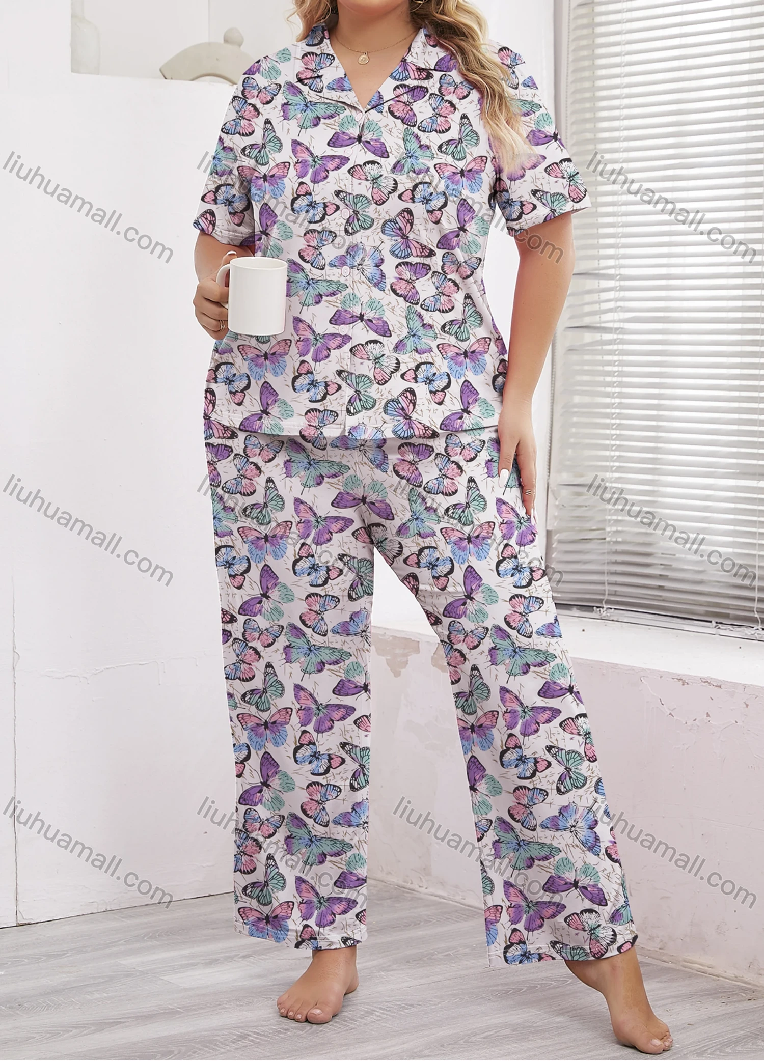 Wholesale Women's Lounge Lapel Milk Silk Butterfly Print Button Down Pocket Short Sleeve Pajamas 2 Piece Set DM2315-02# - Liuhuamall