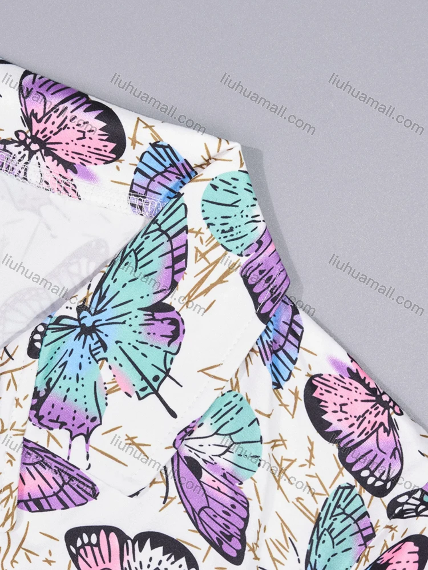 Wholesale Women's Lounge Lapel Milk Silk Butterfly Print Button Down Pocket Short Sleeve Pajamas 2 Piece Set DM2315-02# - Liuhuamall