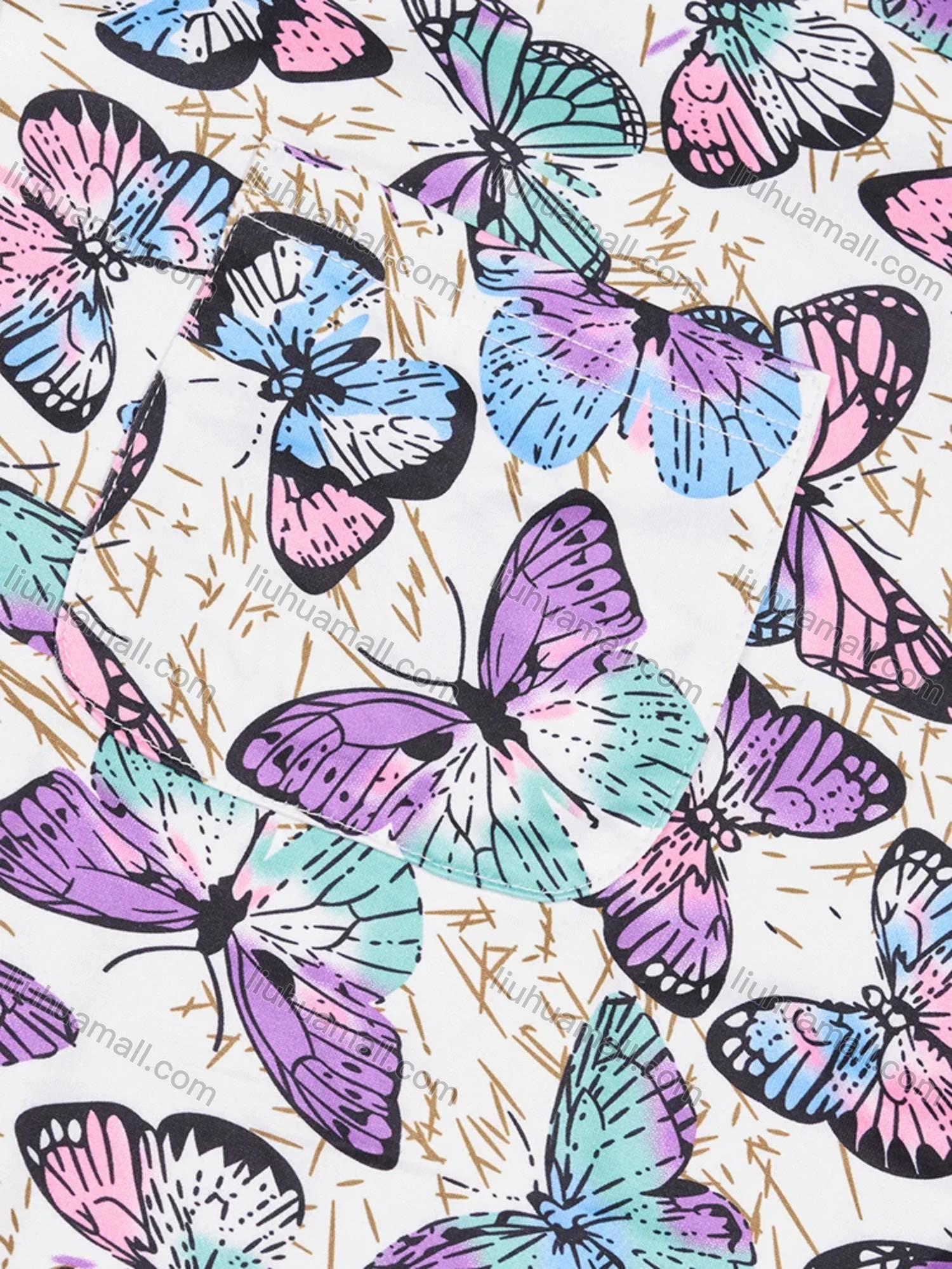 Wholesale Women's Lounge Lapel Milk Silk Butterfly Print Button Down Pocket Short Sleeve Pajamas 2 Piece Set DM2315-02# - Liuhuamall