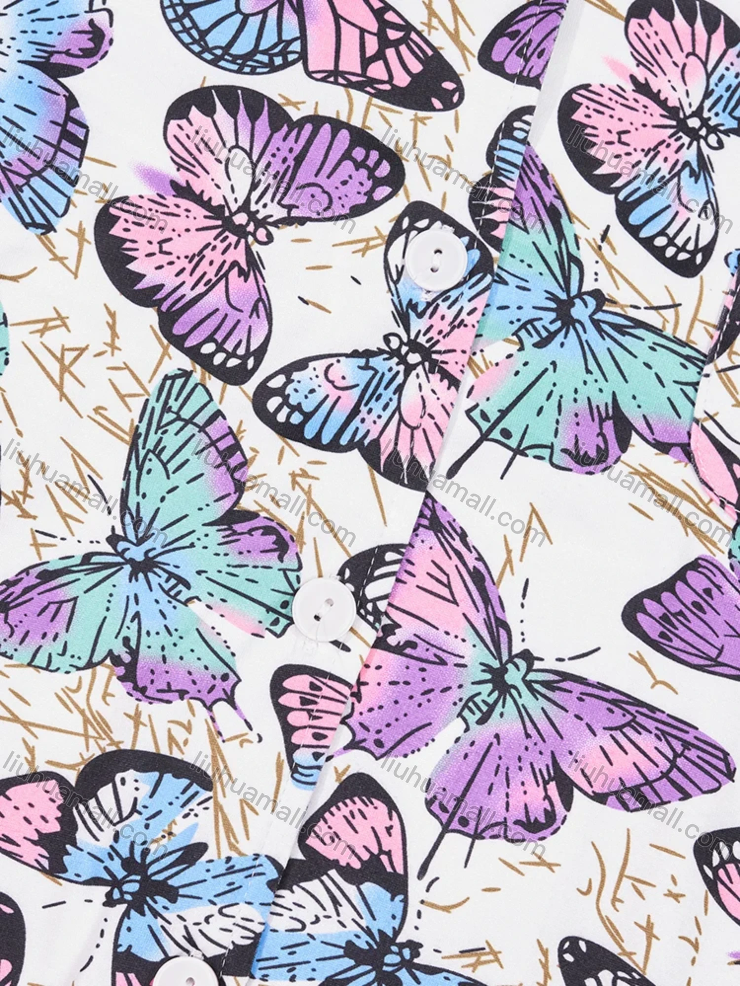 Wholesale Women's Lounge Lapel Milk Silk Butterfly Print Button Down Pocket Short Sleeve Pajamas 2 Piece Set DM2315-02# - Liuhuamall