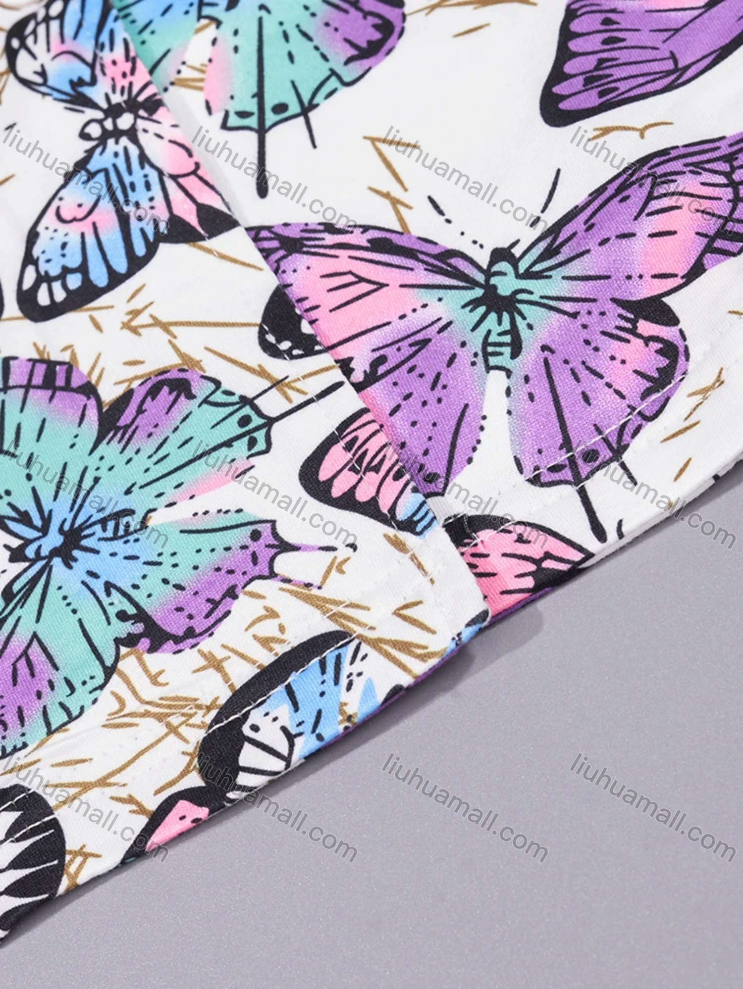 Wholesale Women's Lounge Lapel Milk Silk Butterfly Print Button Down Pocket Short Sleeve Pajamas 2 Piece Set DM2315-02# - Liuhuamall