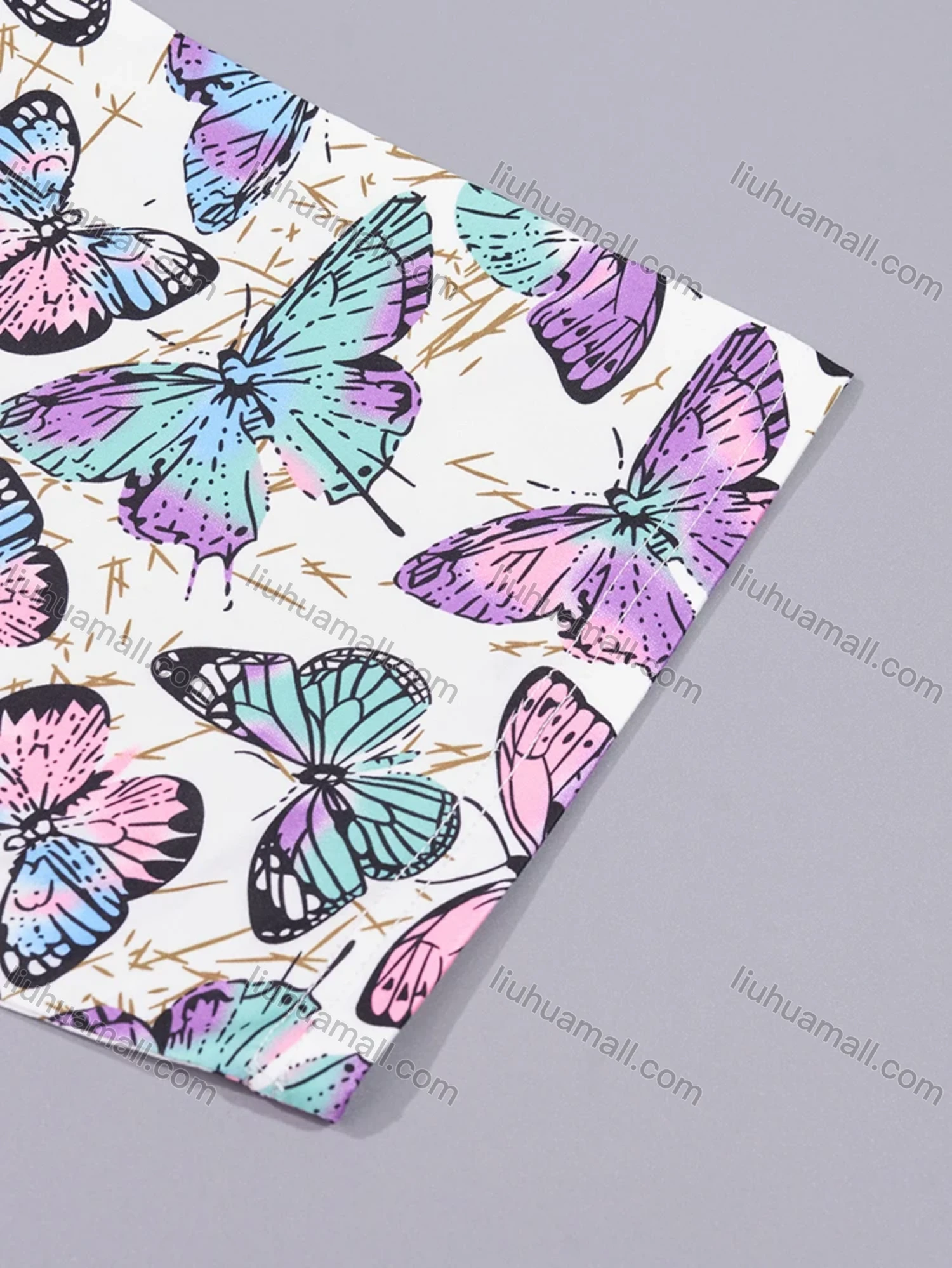 Wholesale Women's Lounge Lapel Milk Silk Butterfly Print Button Down Pocket Short Sleeve Pajamas 2 Piece Set DM2315-02# - Liuhuamall