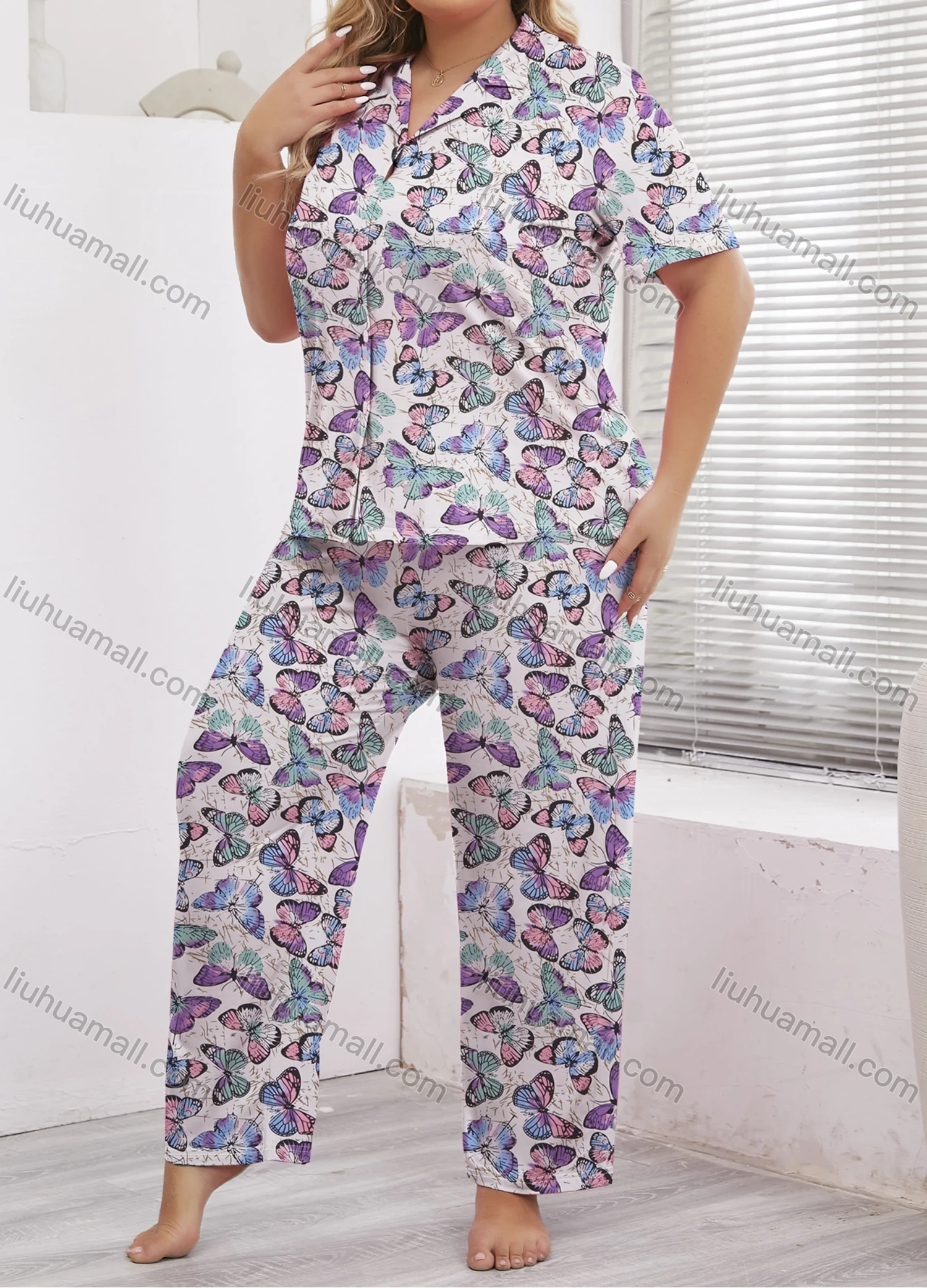 Wholesale Women's Lounge Lapel Milk Silk Butterfly Print Button Down Pocket Short Sleeve Pajamas 2 Piece Set DM2315-02# - Liuhuamall