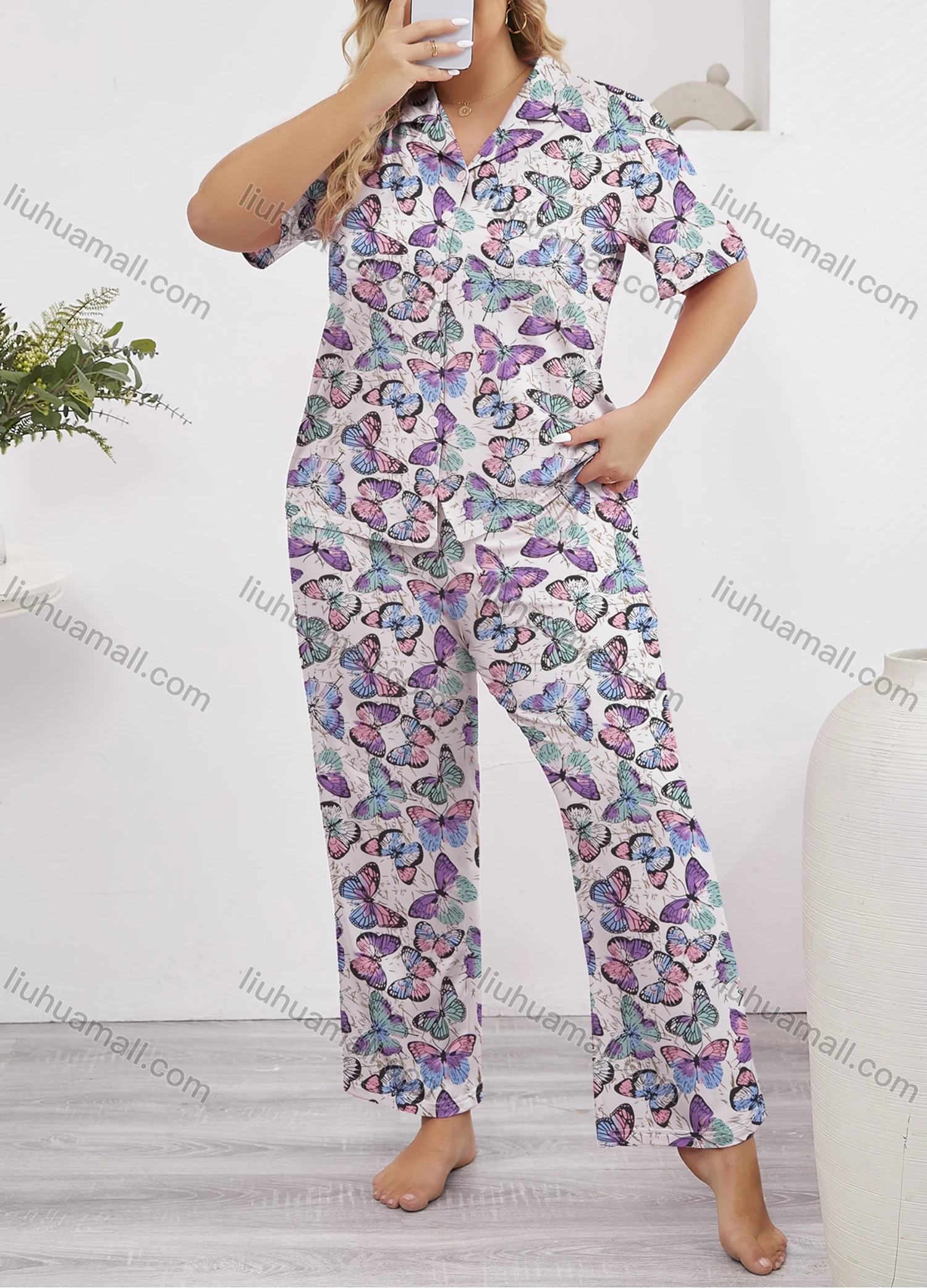 Wholesale Women's Lounge Lapel Milk Silk Butterfly Print Button Down Pocket Short Sleeve Pajamas 2 Piece Set DM2315-02# - Liuhuamall
