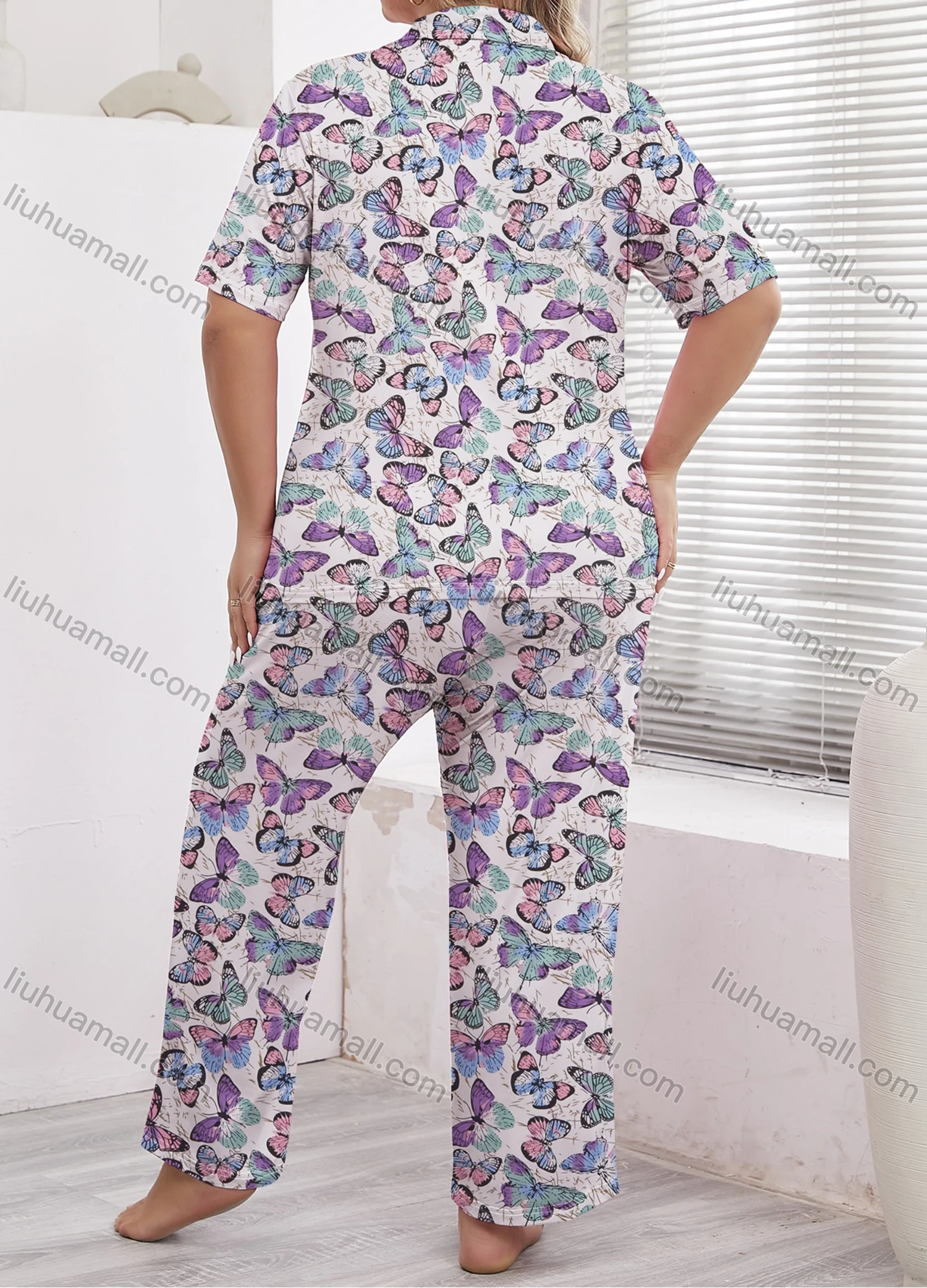 Wholesale Women's Lounge Lapel Milk Silk Butterfly Print Button Down Pocket Short Sleeve Pajamas 2 Piece Set DM2315-02# - Liuhuamall