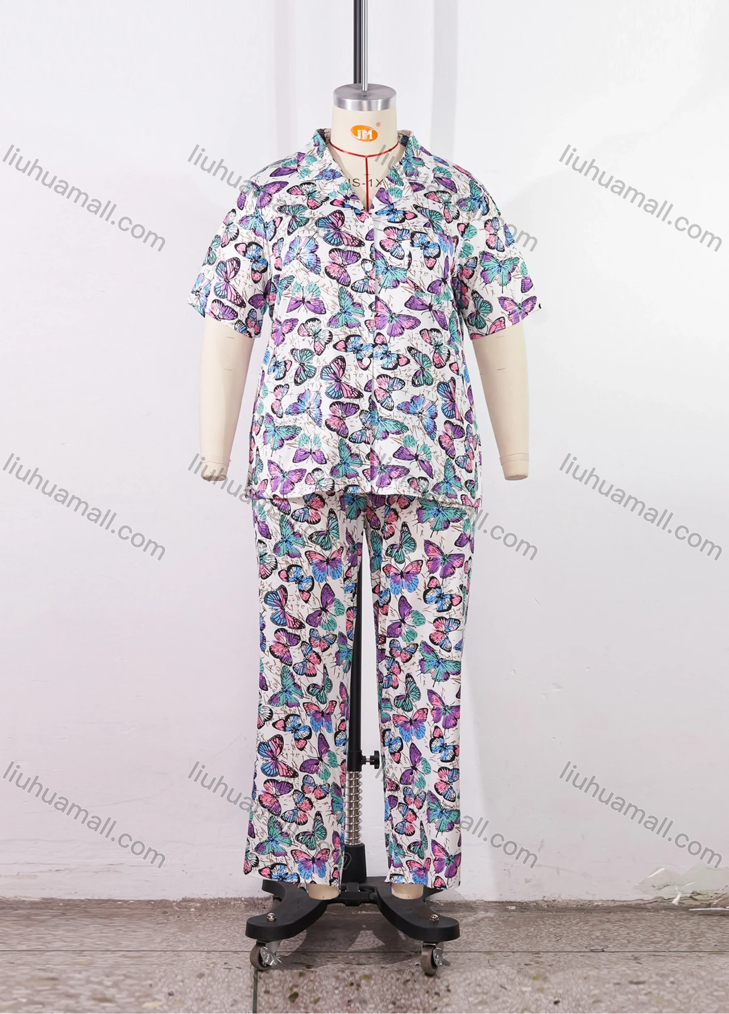 Wholesale Women's Lounge Lapel Milk Silk Butterfly Print Button Down Pocket Short Sleeve Pajamas 2 Piece Set DM2315-02# - Liuhuamall