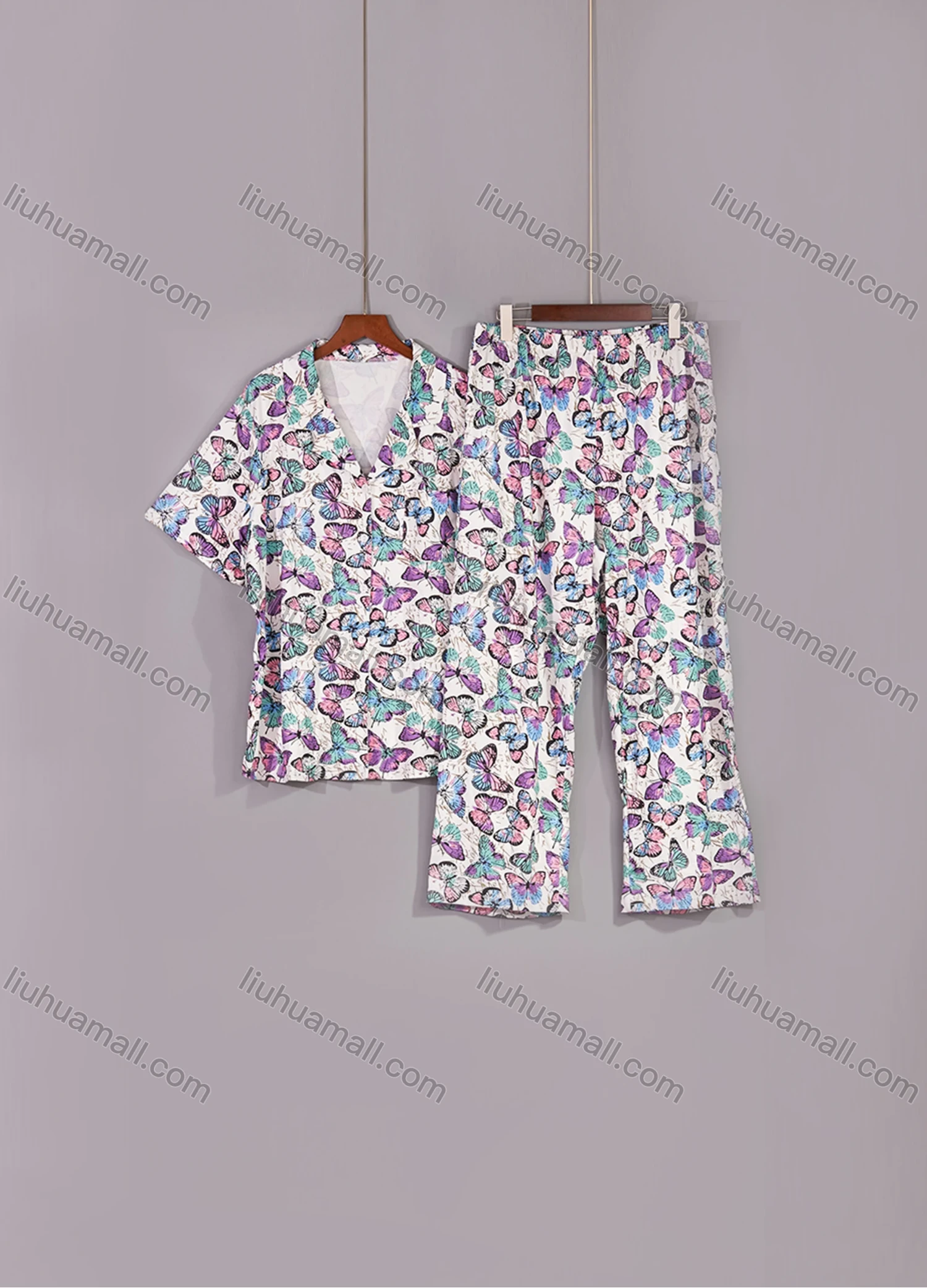 Wholesale Women's Lounge Lapel Milk Silk Butterfly Print Button Down Pocket Short Sleeve Pajamas 2 Piece Set DM2315-02# - Liuhuamall