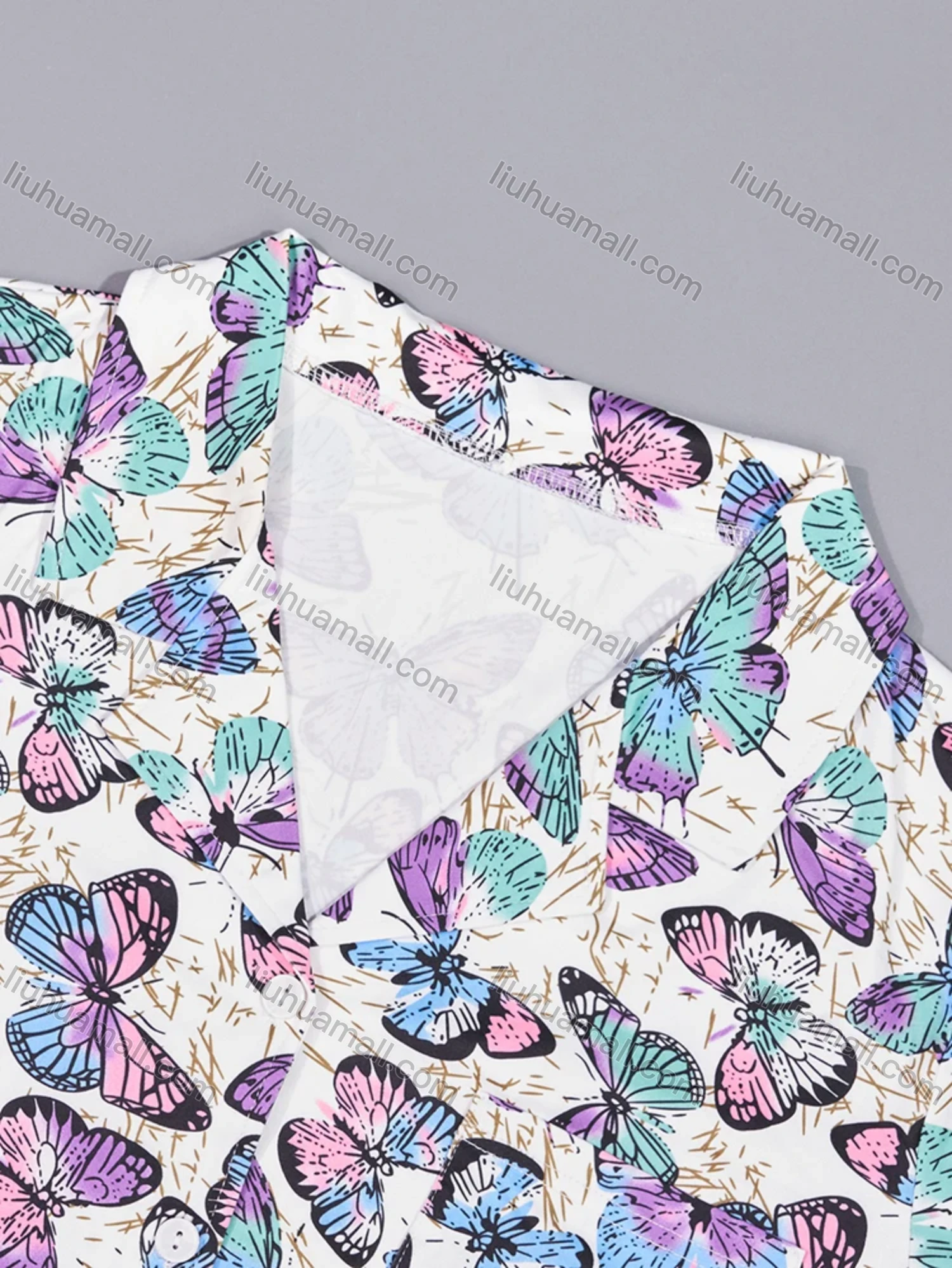 Wholesale Women's Lounge Lapel Milk Silk Butterfly Print Button Down Pocket Short Sleeve Pajamas 2 Piece Set DM2315-02# - Liuhuamall