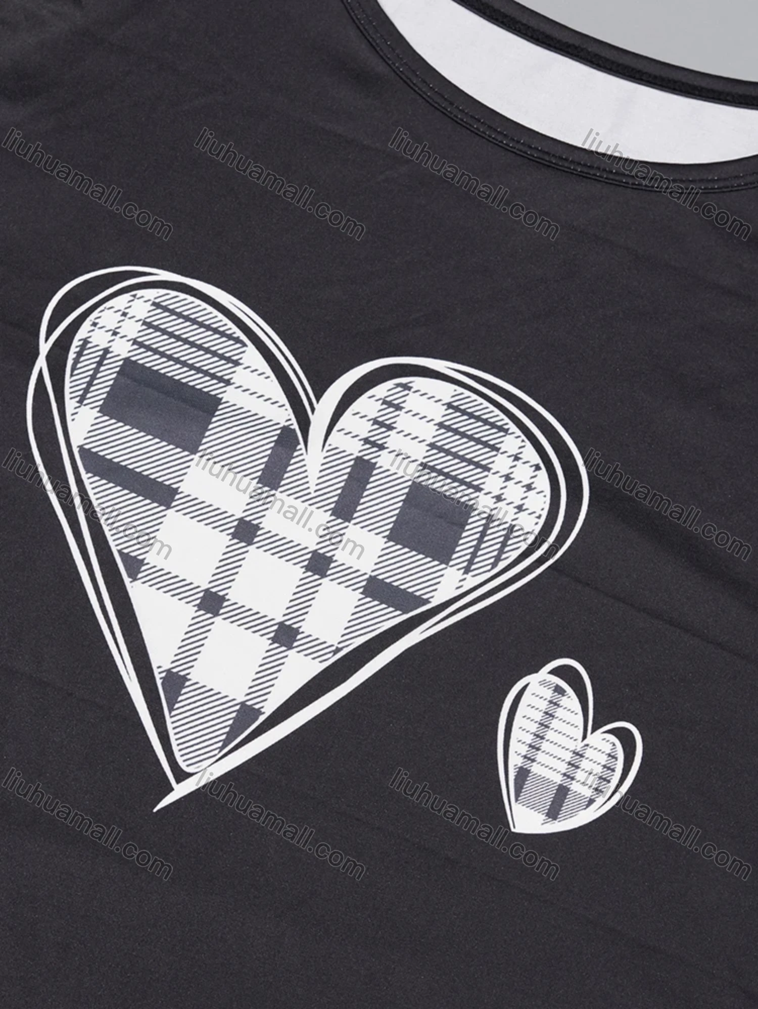 Wholesale Women's Lounge Milk Silk Heart Plaid Print Short Sleeve T-shirt & Capris Pant Pajamas Sets DM2316# - Liuhuamall