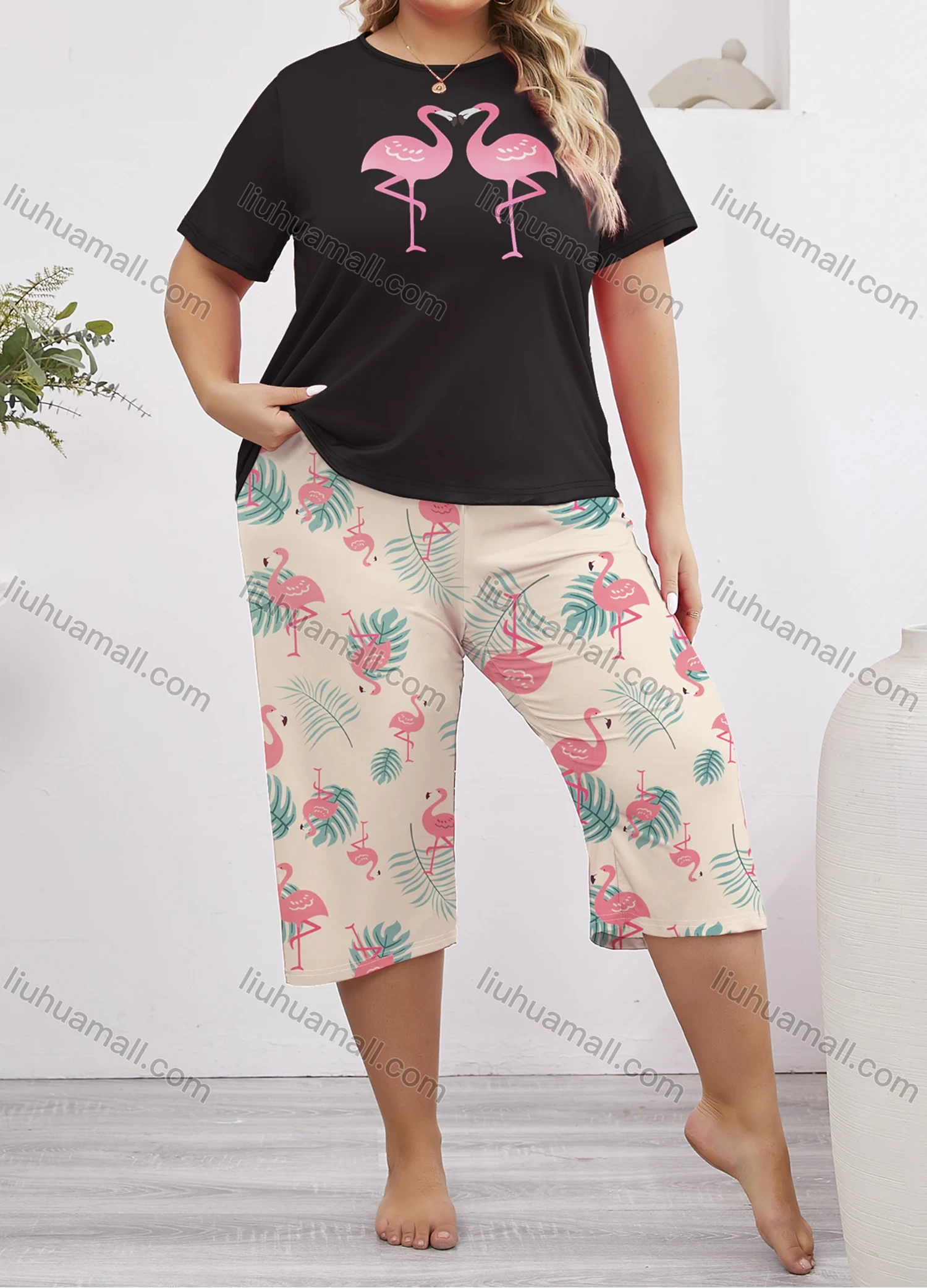 Wholesale Women's Lounge Milk Silk Animal Leaf Print Short Sleeve T-shirt & Capris Pant Pajamas Sets DM2316-02# - Liuhuamall