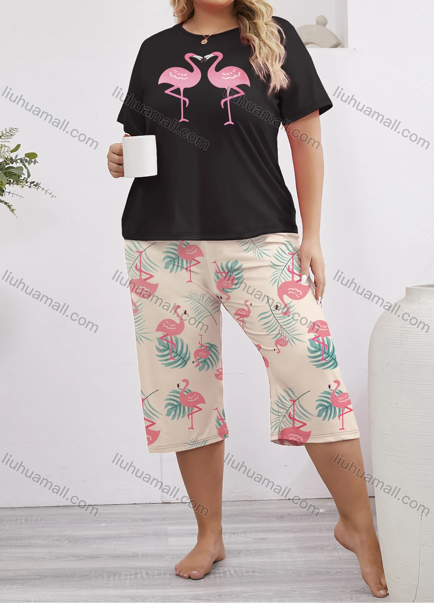 Wholesale Women's Lounge Milk Silk Animal Leaf Print Short Sleeve T-shirt & Capris Pant Pajamas Sets DM2316-02# - Liuhuamall