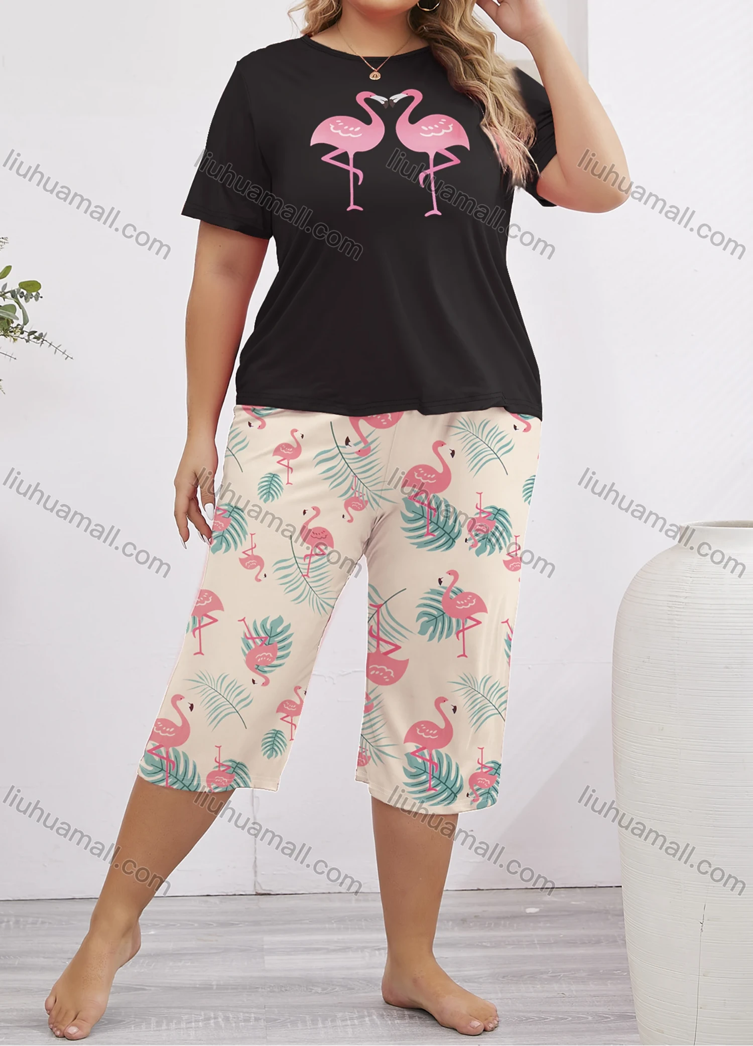 Wholesale Women's Lounge Milk Silk Animal Leaf Print Short Sleeve T-shirt & Capris Pant Pajamas Sets DM2316-02# - Liuhuamall