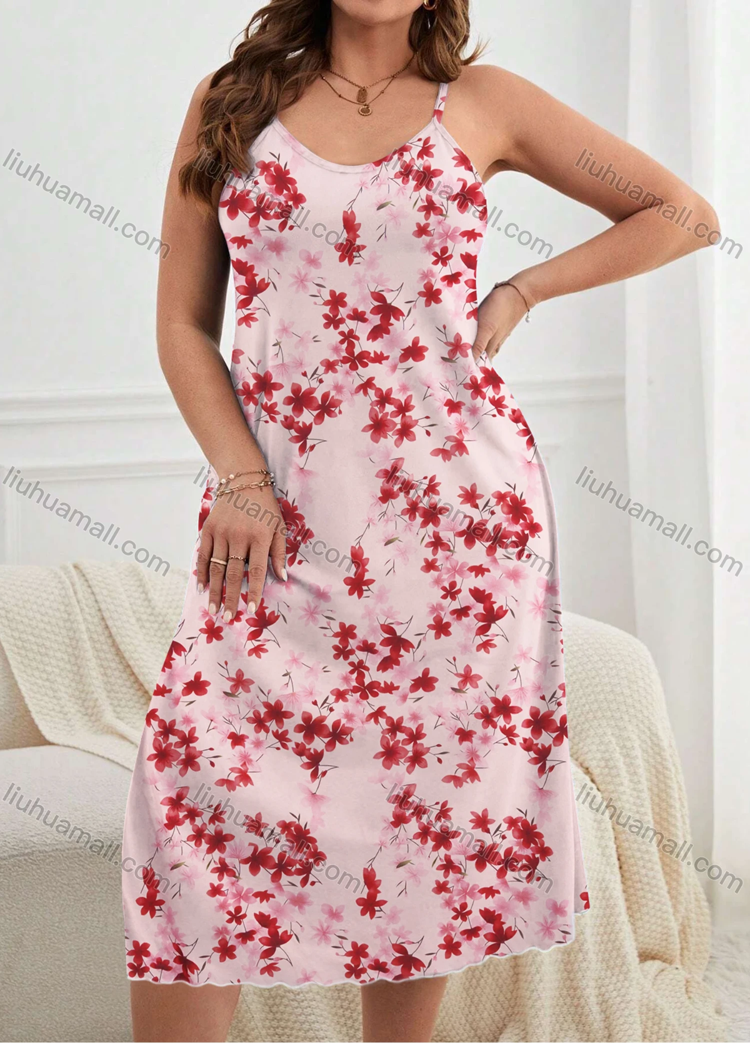 Wholesale Women's Comfy Milk Silk Floral Print Lettuce Trim Cami Lounge Midi Nightdress DM1105-01# - Liuhuamall