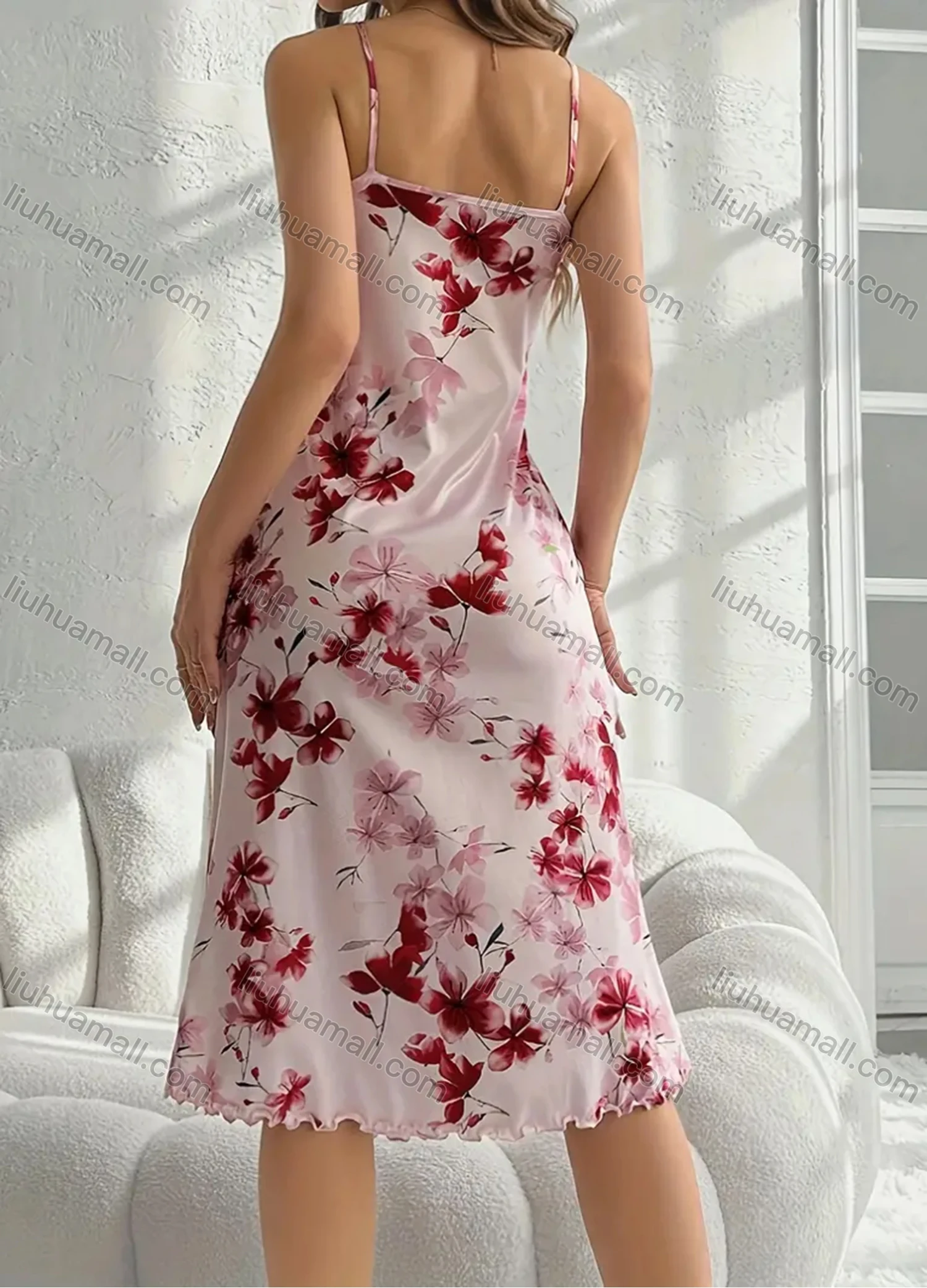 Wholesale Women's Comfy Milk Silk Floral Print Lettuce Trim Cami Lounge Midi Nightdress DM1105-01# - Liuhuamall