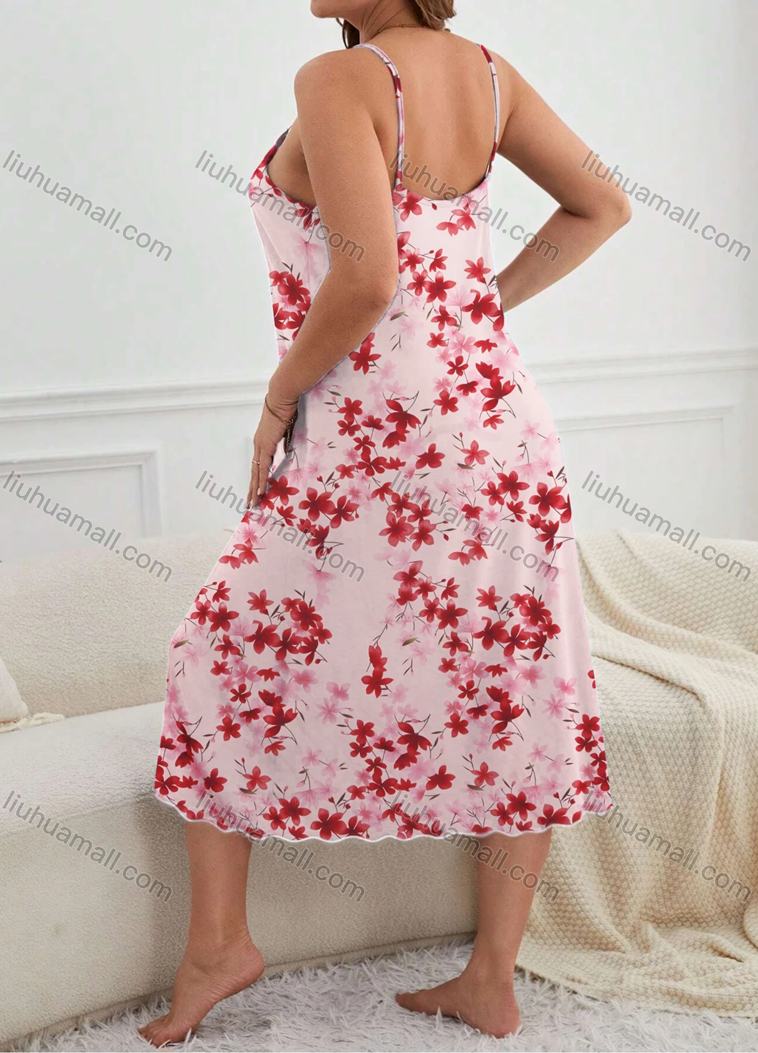 Wholesale Women's Comfy Milk Silk Floral Print Lettuce Trim Cami Lounge Midi Nightdress DM1105-01# - Liuhuamall