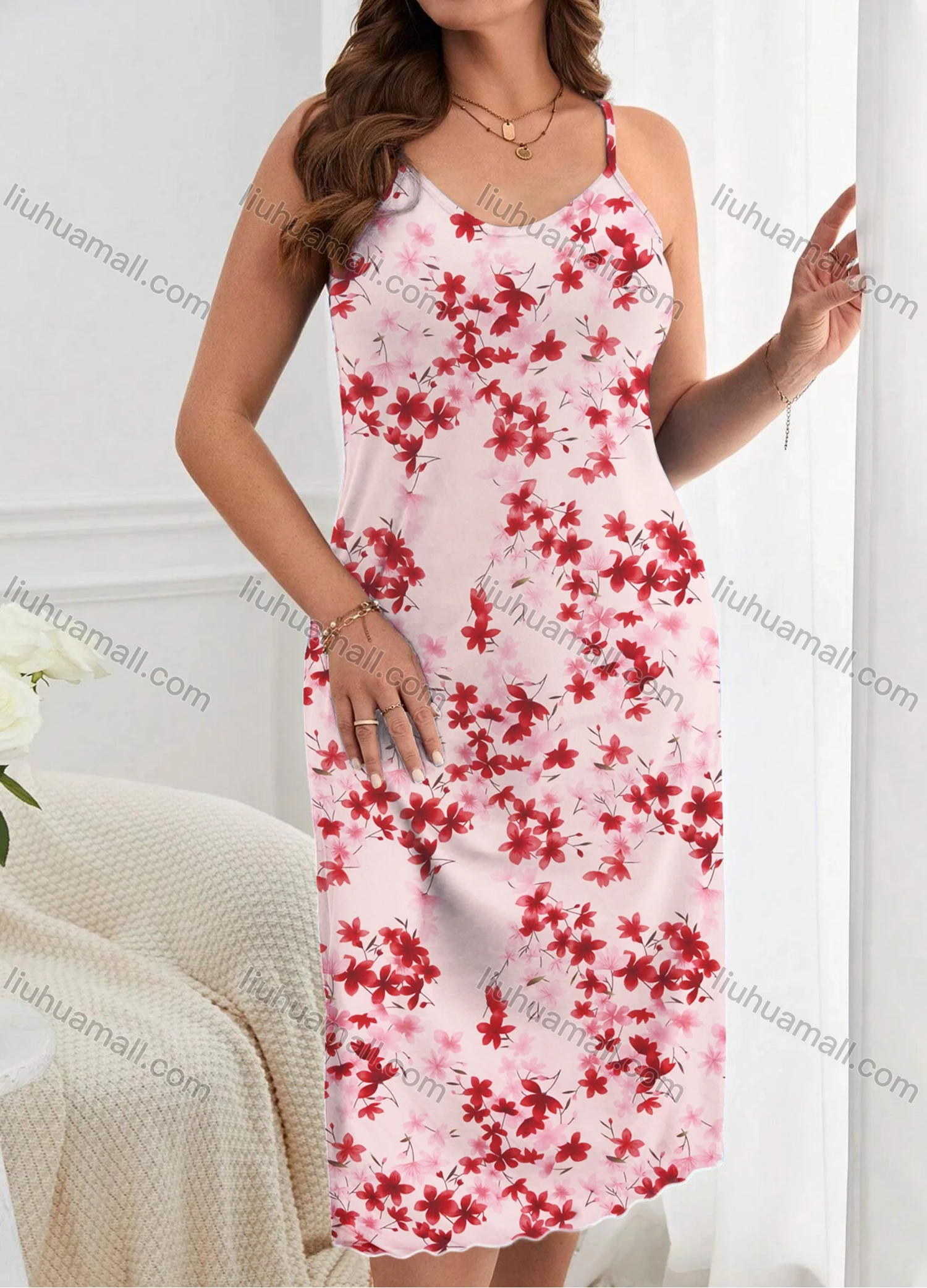 Wholesale Women's Comfy Milk Silk Floral Print Lettuce Trim Cami Lounge Midi Nightdress DM1105-01# - Liuhuamall