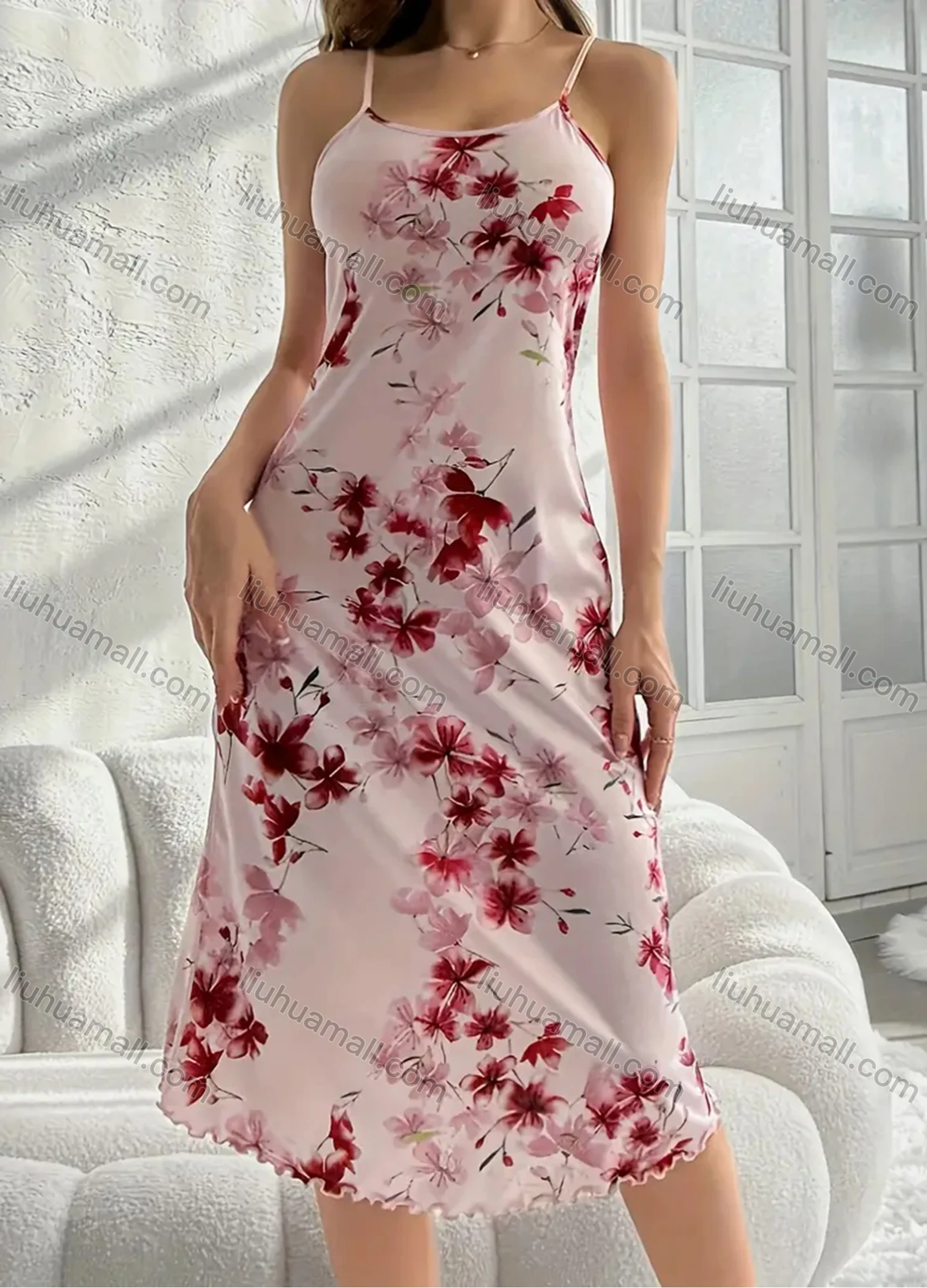 Wholesale Women's Comfy Milk Silk Floral Print Lettuce Trim Cami Lounge Midi Nightdress DM1105-01# - Liuhuamall