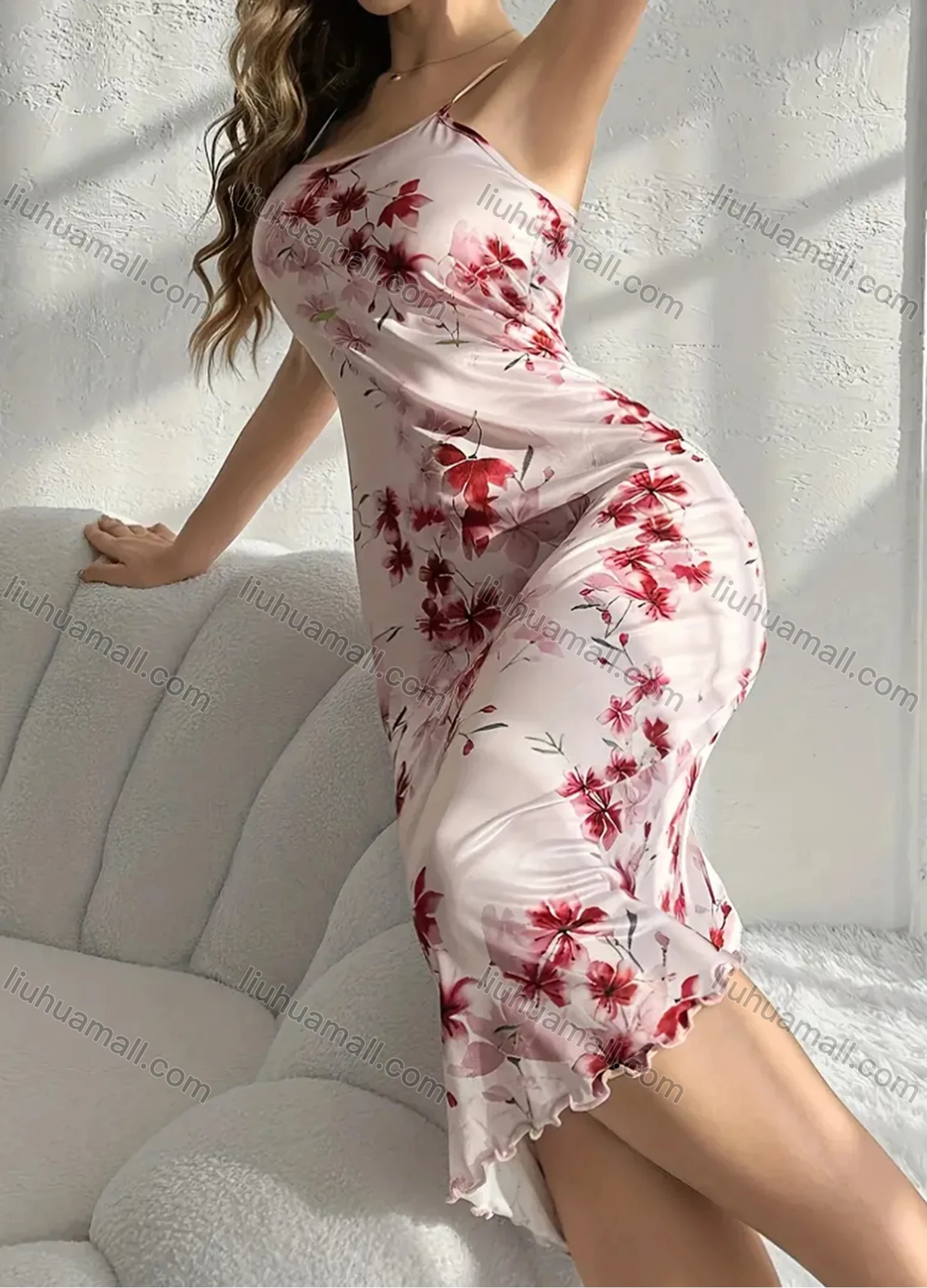 Wholesale Women's Comfy Milk Silk Floral Print Lettuce Trim Cami Lounge Midi Nightdress DM1105-01# - Liuhuamall