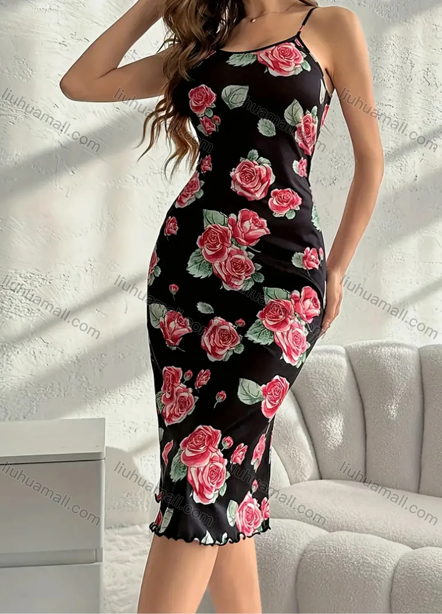 Wholesale Women's Comfy Milk Silk Floral Print Lettuce Trim Cami Lounge Midi Nightdress DM1105-02# - Liuhuamall