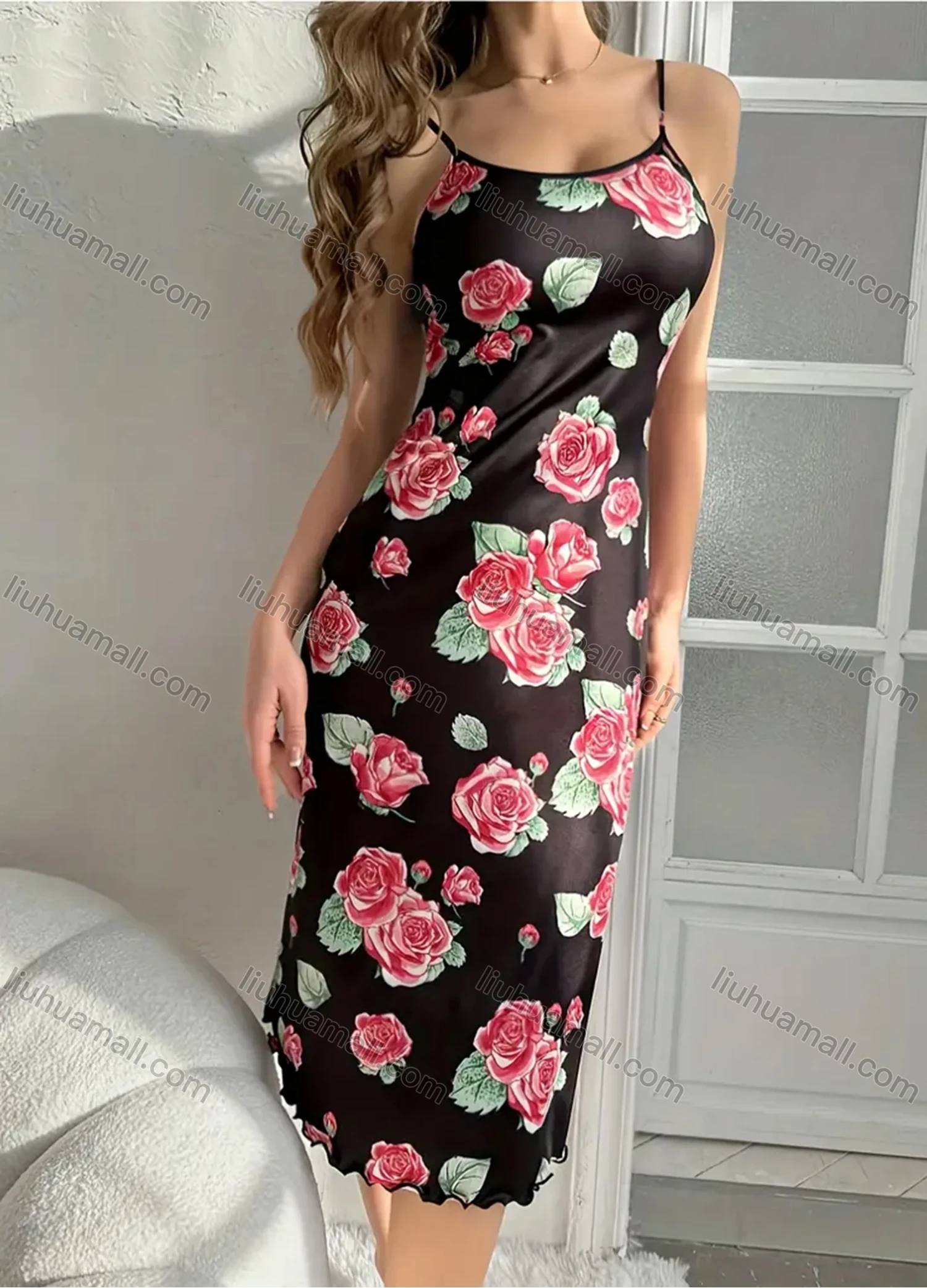 Wholesale Women's Comfy Milk Silk Floral Print Lettuce Trim Cami Lounge Midi Nightdress DM1105-02# - Liuhuamall