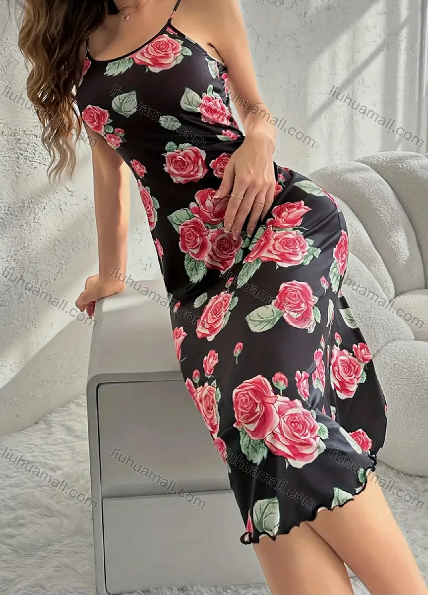Wholesale Women's Comfy Milk Silk Floral Print Lettuce Trim Cami Lounge Midi Nightdress DM1105-02# - Liuhuamall
