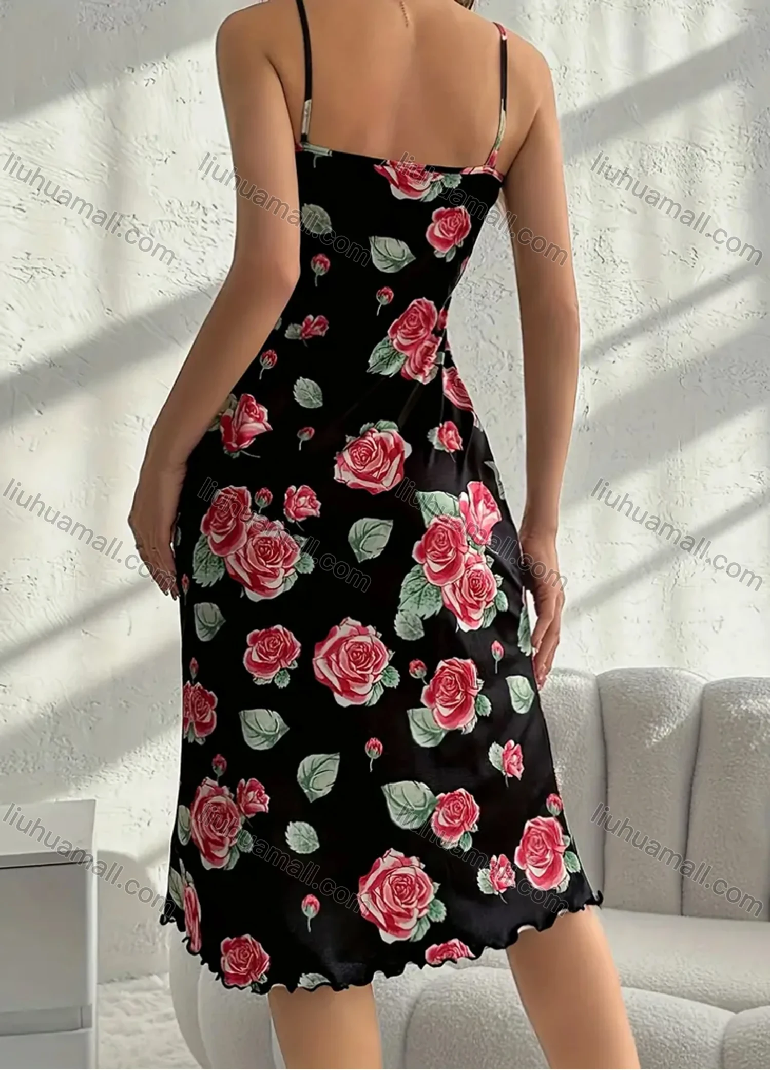 Wholesale Women's Comfy Milk Silk Floral Print Lettuce Trim Cami Lounge Midi Nightdress DM1105-02# - Liuhuamall