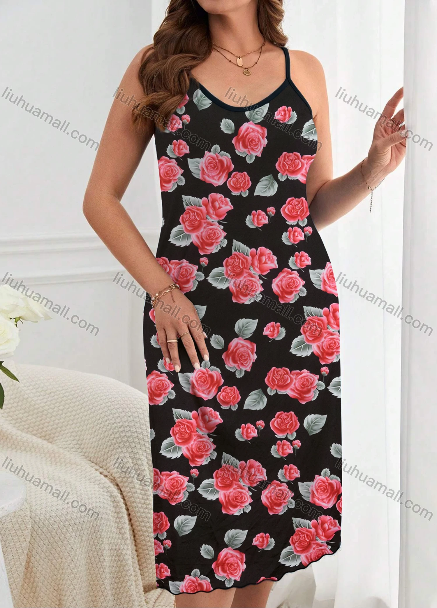 Wholesale Women's Comfy Milk Silk Floral Print Lettuce Trim Cami Lounge Midi Nightdress DM1105-02# - Liuhuamall
