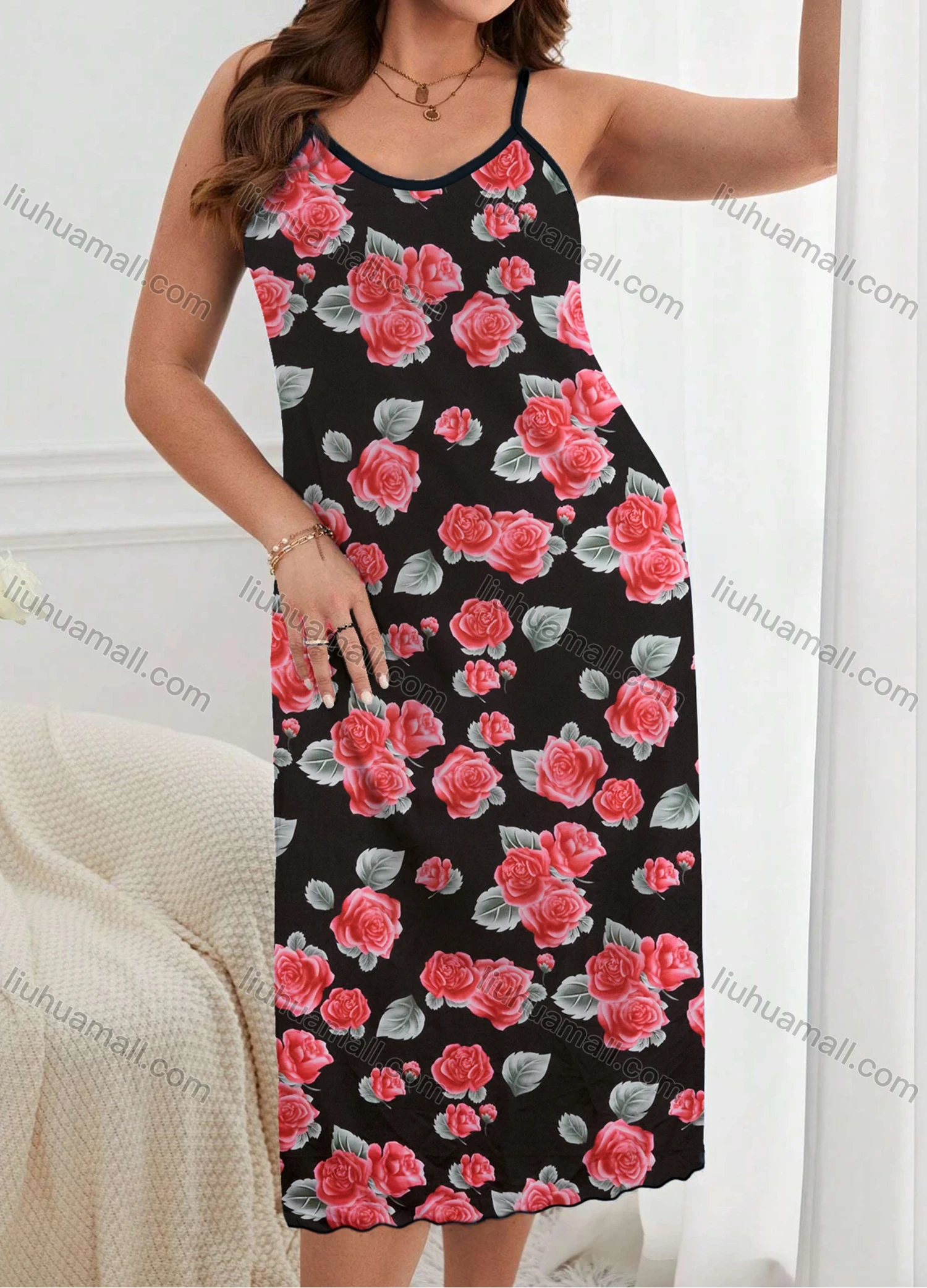 Wholesale Women's Comfy Milk Silk Floral Print Lettuce Trim Cami Lounge Midi Nightdress DM1105-02# - Liuhuamall