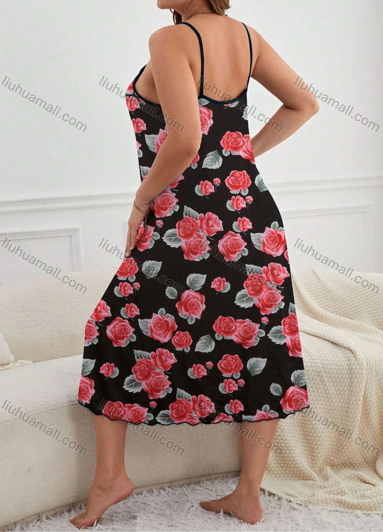 Wholesale Women's Comfy Milk Silk Floral Print Lettuce Trim Cami Lounge Midi Nightdress DM1105-02# - Liuhuamall