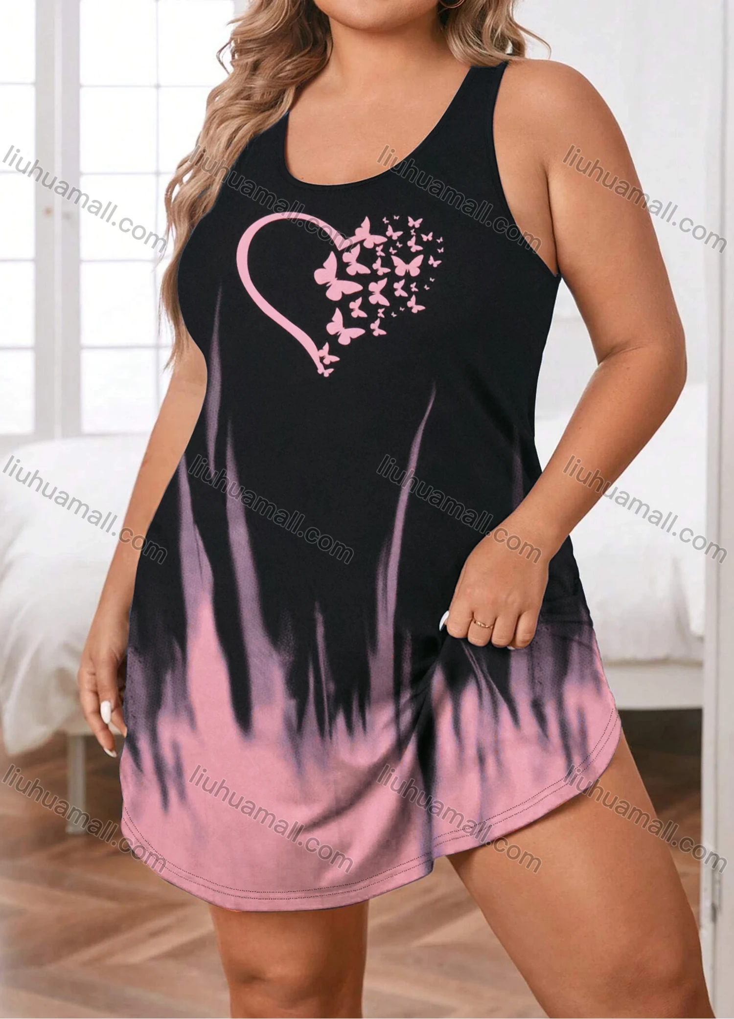 Wholesale Women's Milk Silk Butterfly Heart Gradient Crew Neck Curved Hem Lounge Tank Short Nightgown DM1205-02# - Liuhuamall