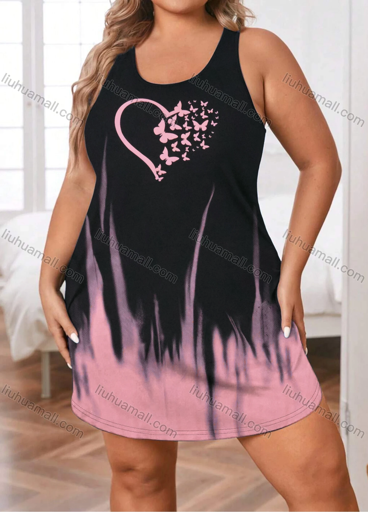 Wholesale Women's Milk Silk Butterfly Heart Gradient Crew Neck Curved Hem Lounge Tank Short Nightgown DM1205-02# - Liuhuamall