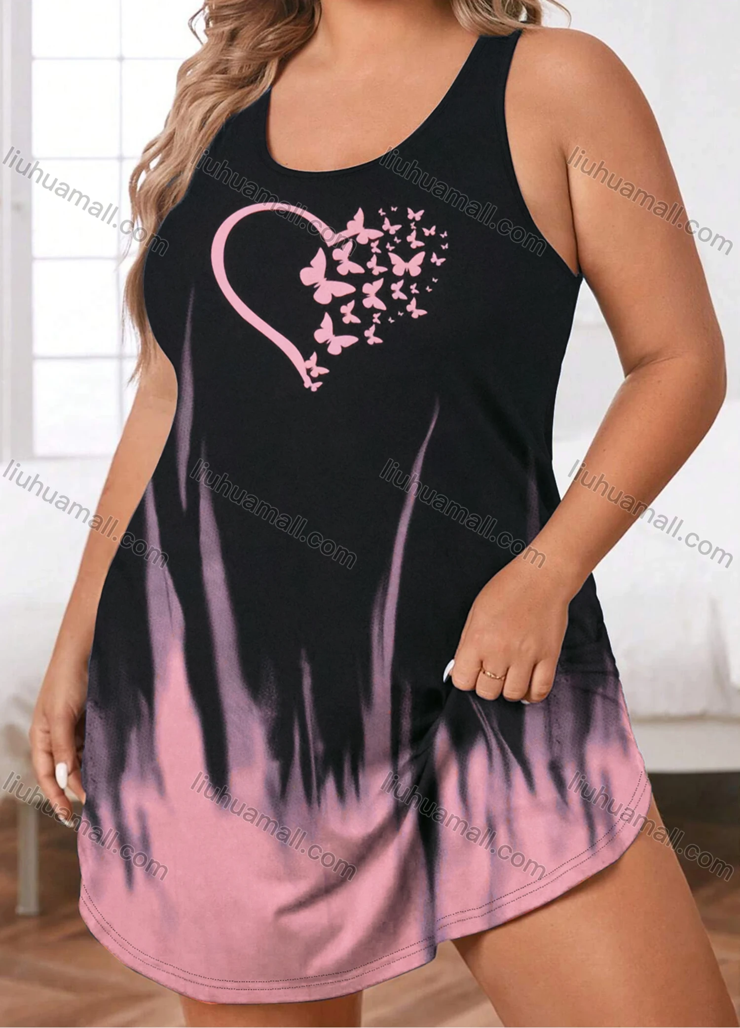 Wholesale Women's Milk Silk Butterfly Heart Gradient Crew Neck Curved Hem Lounge Tank Short Nightgown DM1205-02# - Liuhuamall