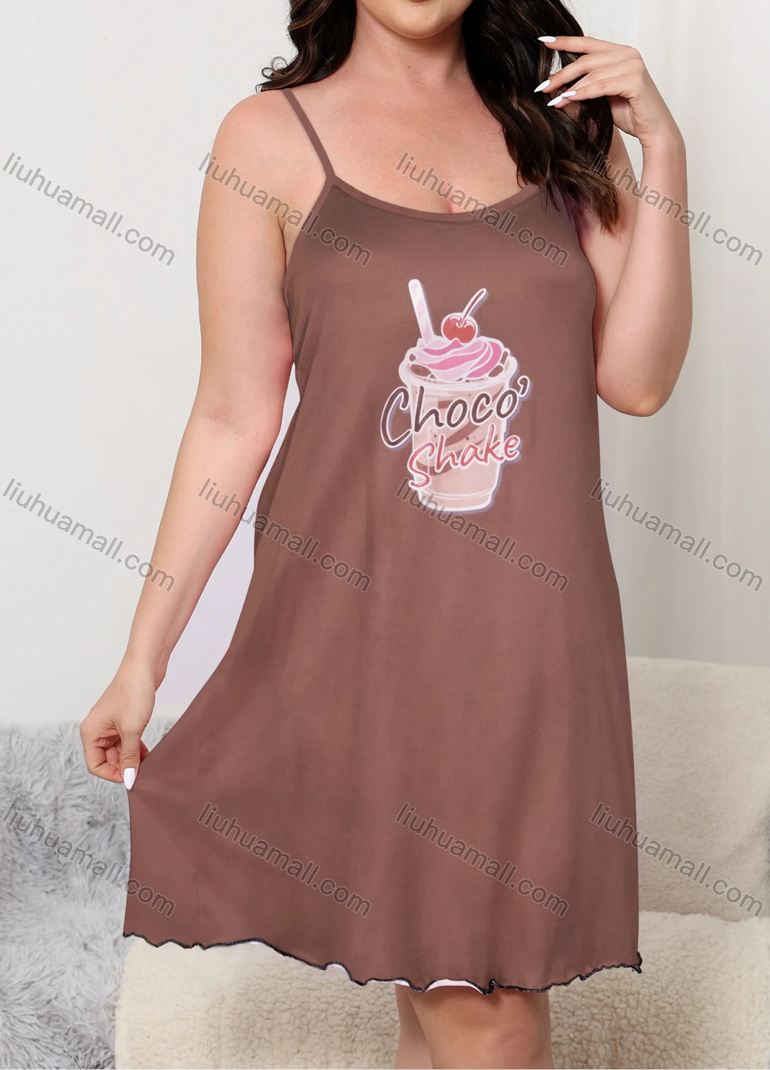 Wholesale Women's Comfy Milk Silk Graphic Letter Print Lettuce Trim Cami Lounge Short Nightdress DM1102-05# - Liuhuamall